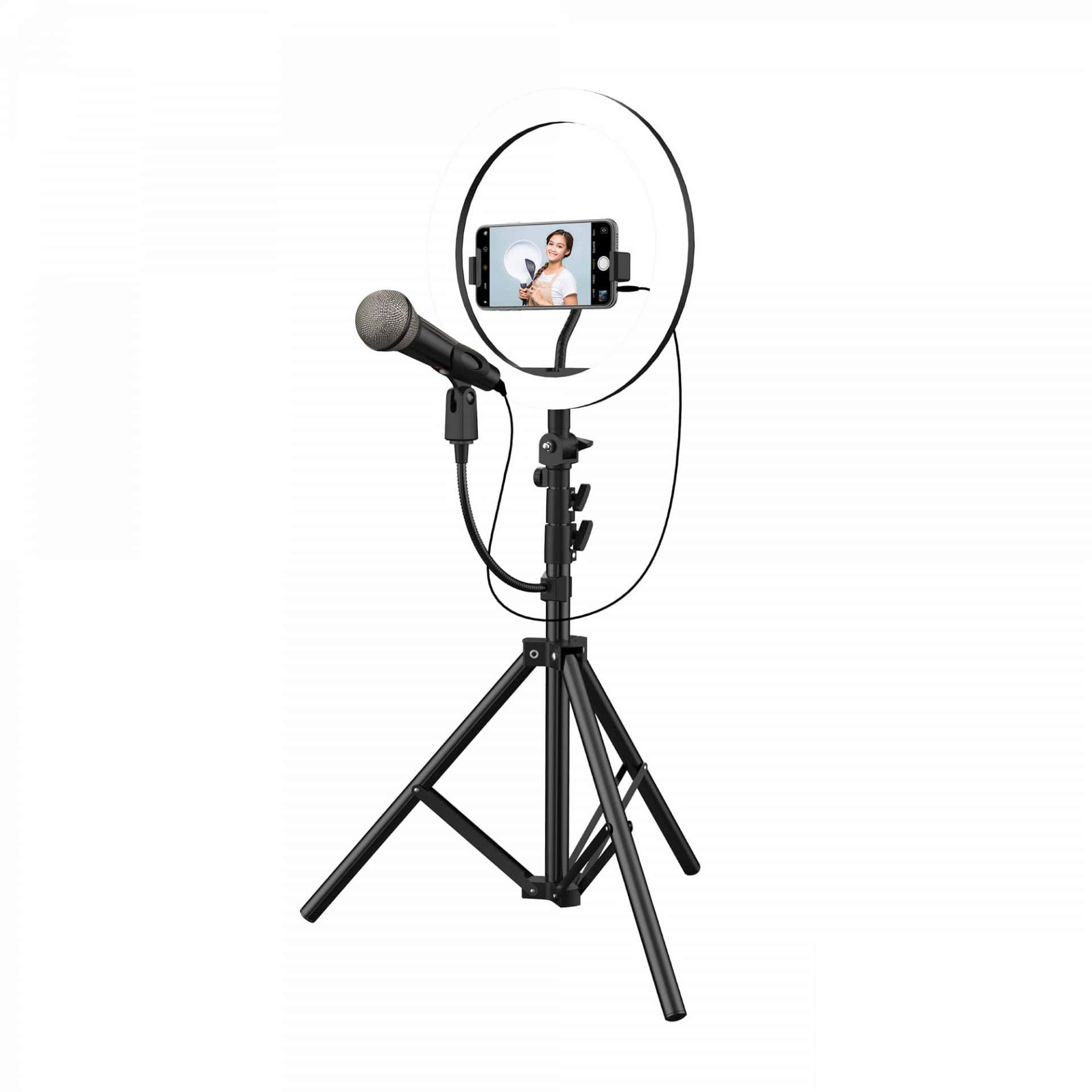 A Microphone On A Tripod With A Phone On It
