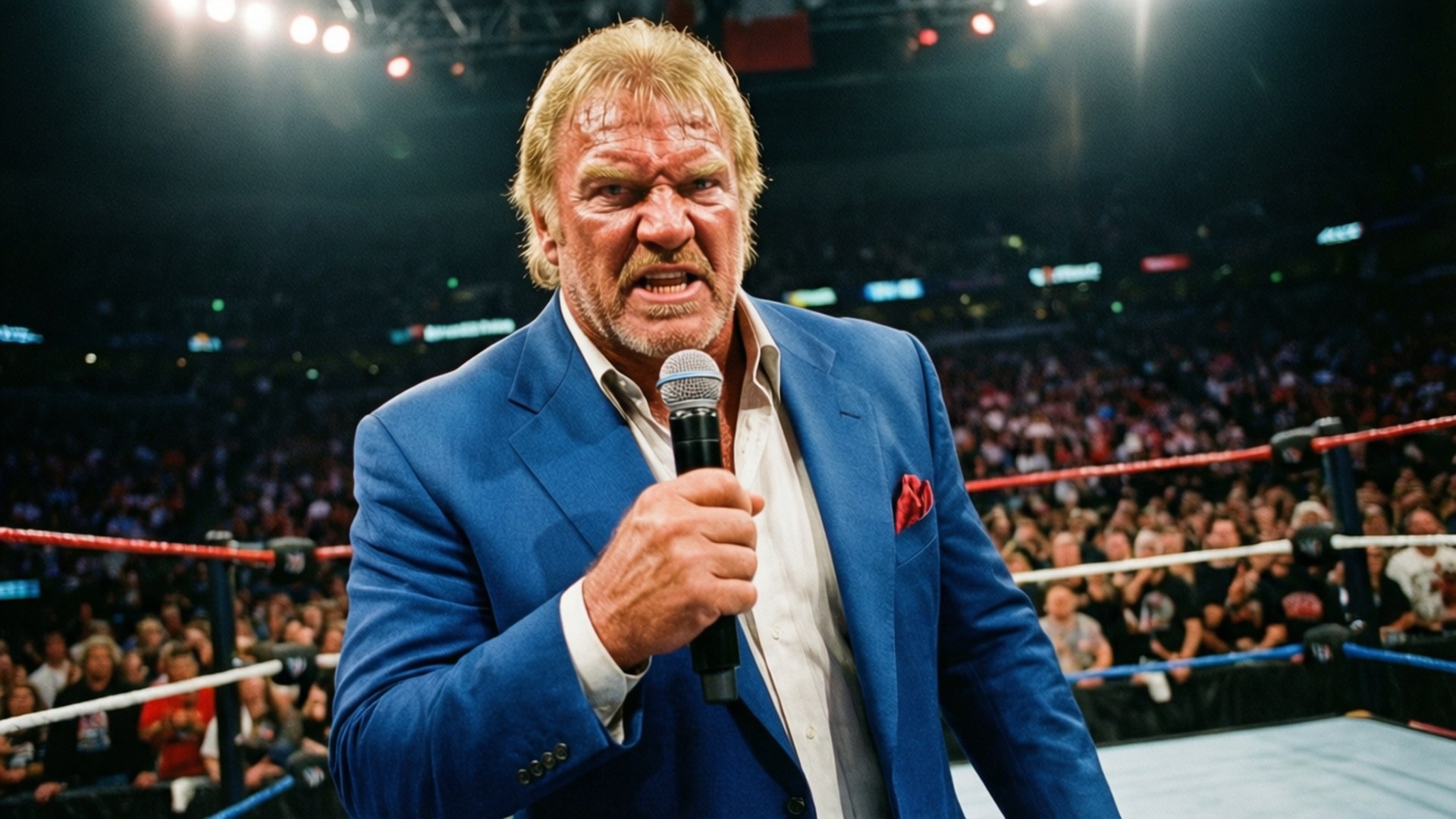 Bobby Heenan avec micro au bord du ring, regard intense.