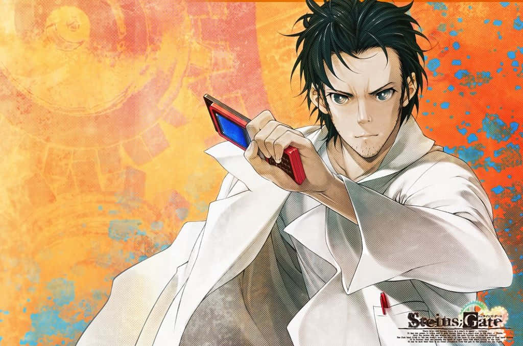 Rintaro Okabe deep in thought in his lab Wallpaper