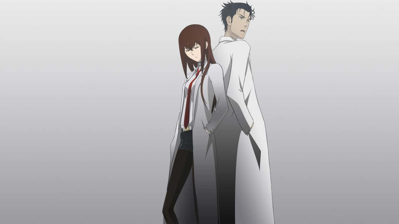 Rintaro Okabe standing against the glowing city backdrop Wallpaper