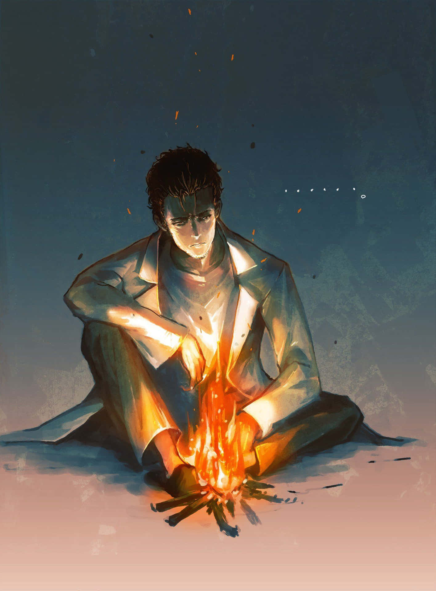 Rintaro Okabe deep in thought in his laboratory Wallpaper