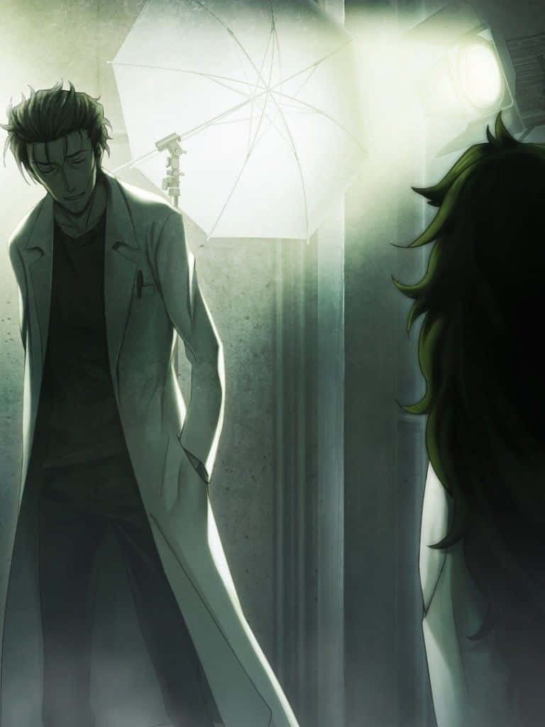 Download Rintaro Okabe standing against the glowing city backdrop Wallpaper  | Wallpapers.com