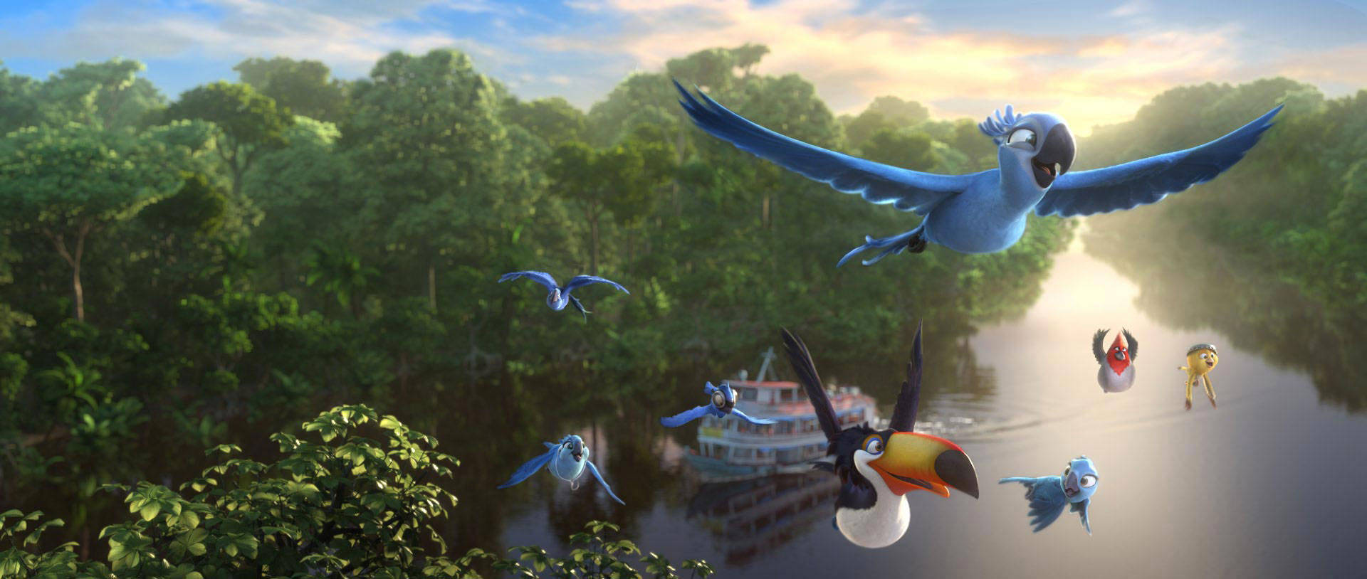 Uccellidi Rio Che Volano Nell'amazzonia. Sfondo