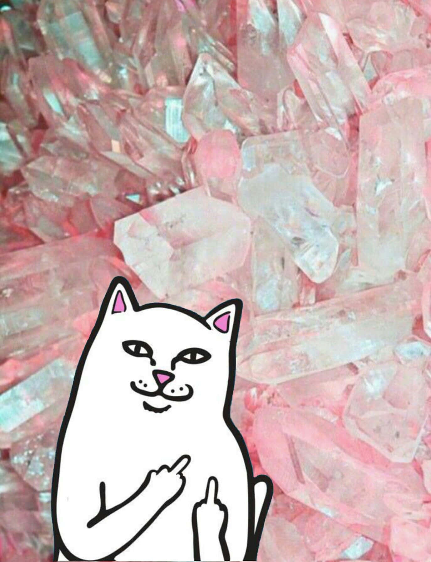 En Kat sidder oven på en bunke af rosa krystaller. Wallpaper