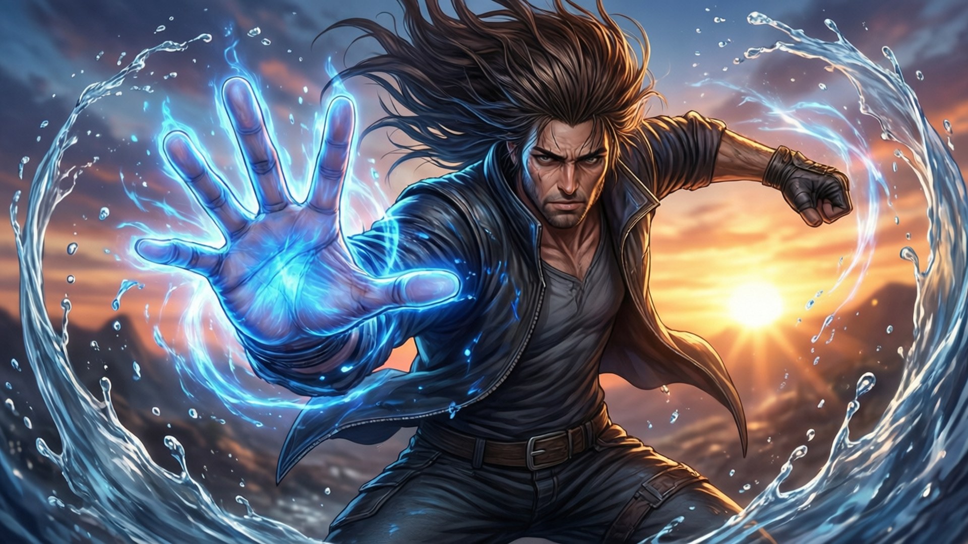 Dynamisches Action-Wallpaper von Will Zeppeli, der Ripple mit blauer Energie einsetzt