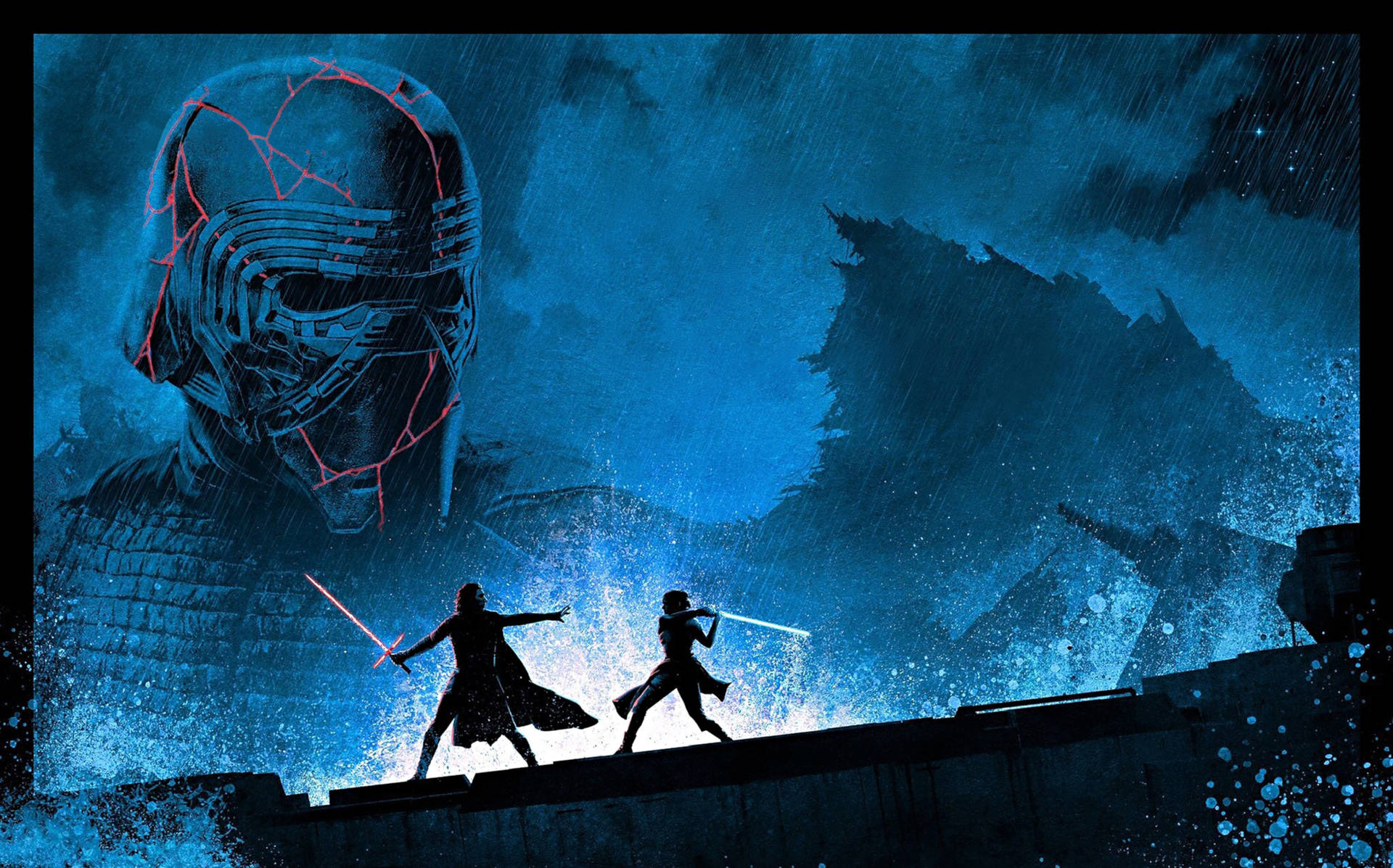 Rise Of Skywalker Bluish Fight Illustration Wallpaper
