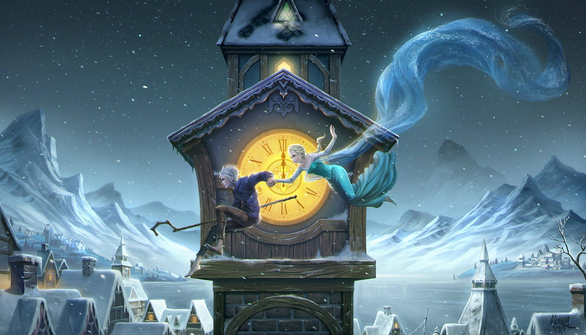a clock tower with a princess and a clock Wallpaper
