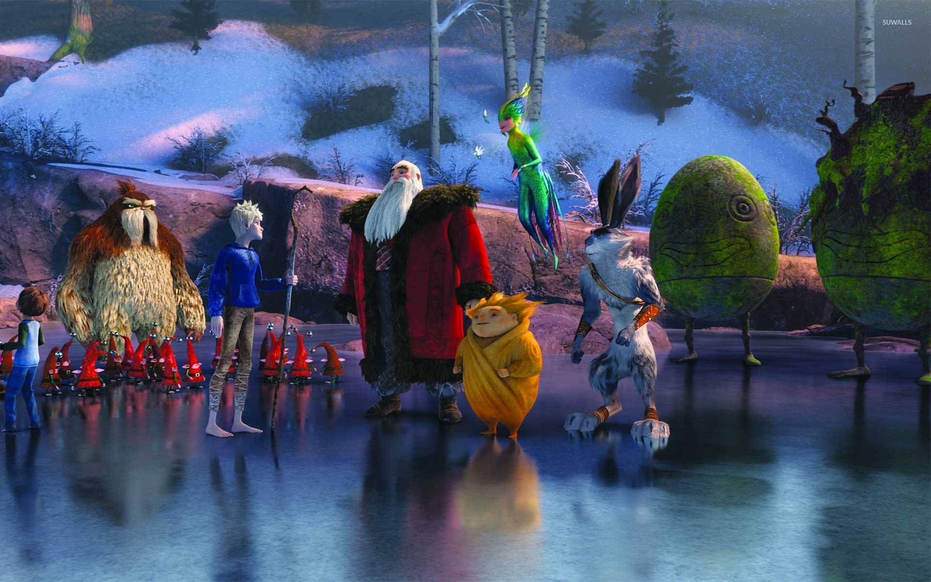 a group of characters standing in a snowy scene Wallpaper