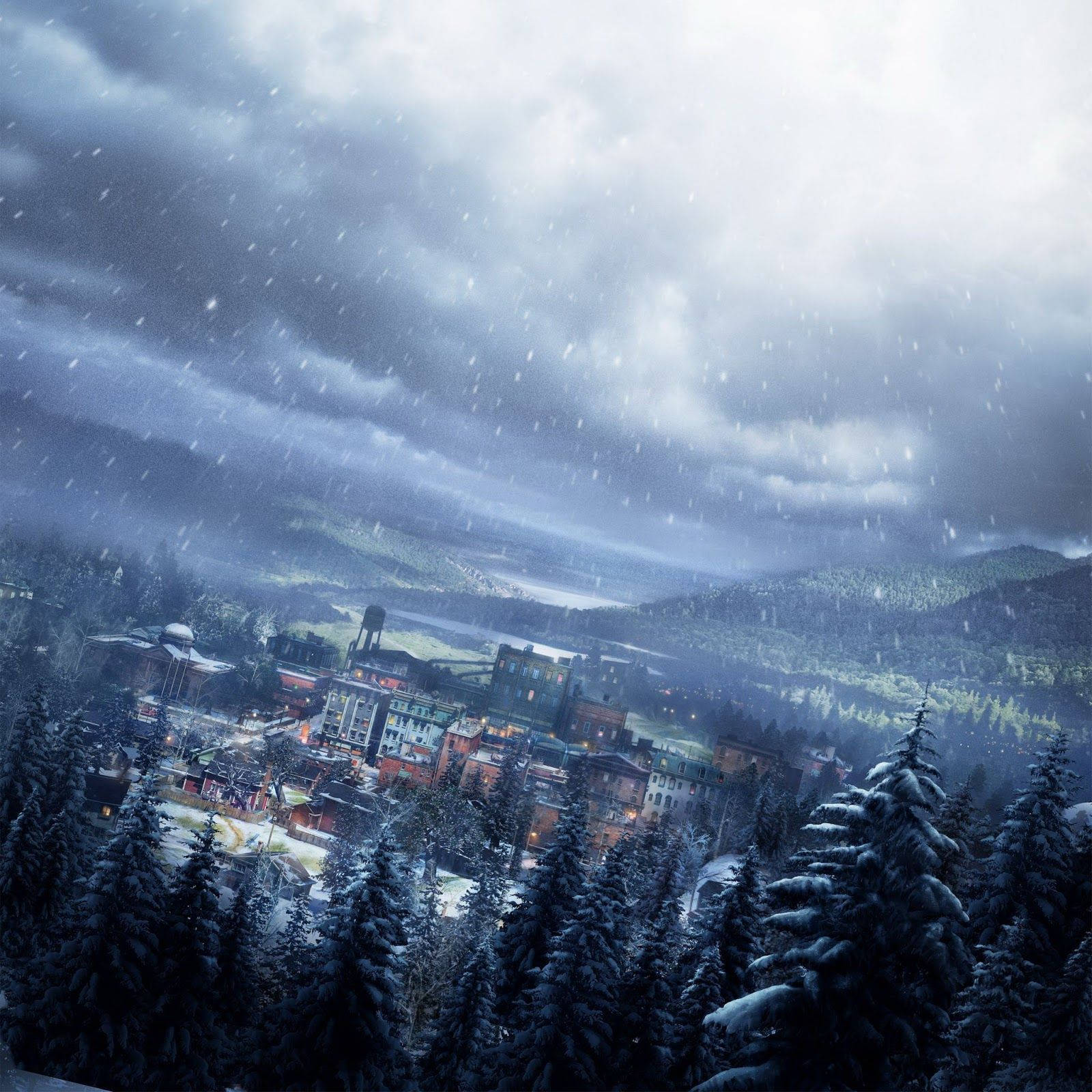 a snowy scene with a city and trees Wallpaper