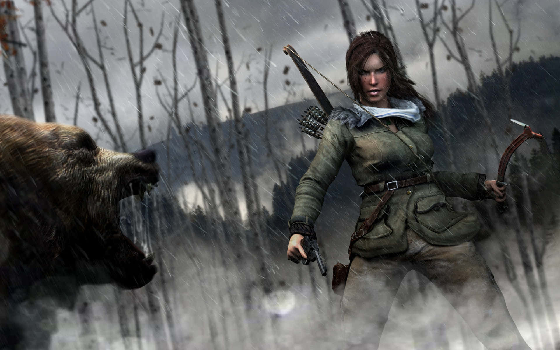 A Woman With A Bow And Arrow In The Woods