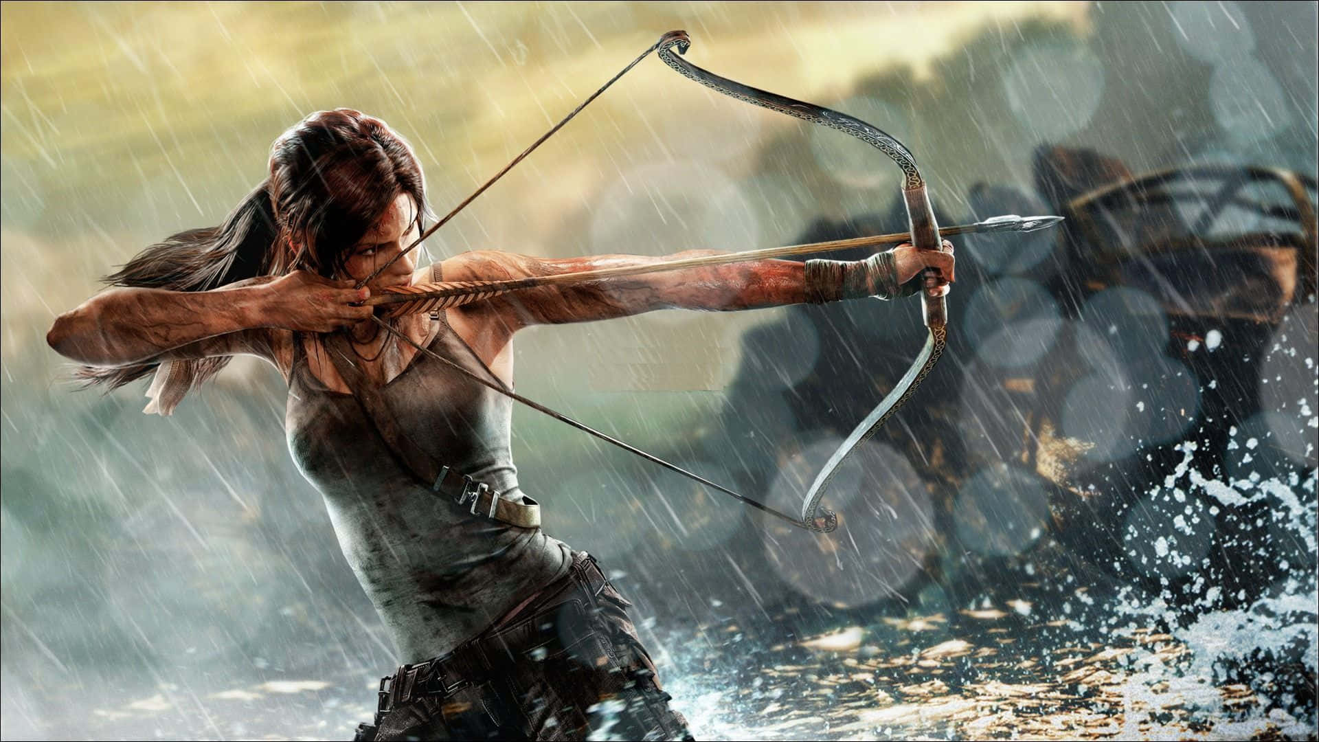 Einefrau Zielt Mit Einem Bogen Im Regen. Wallpaper