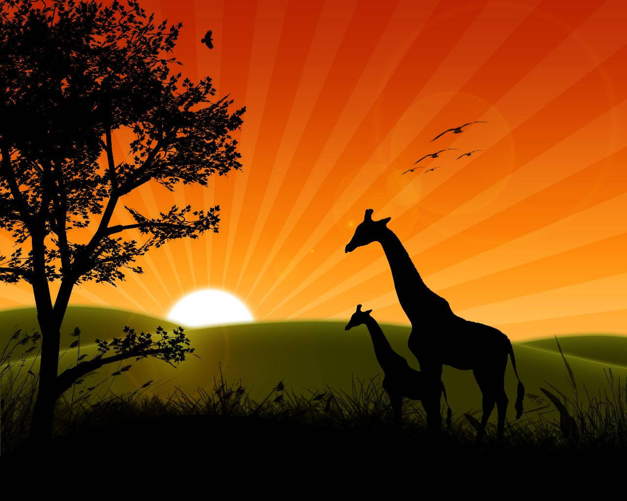 Rising Sun With Two Giraffes Wallpaper