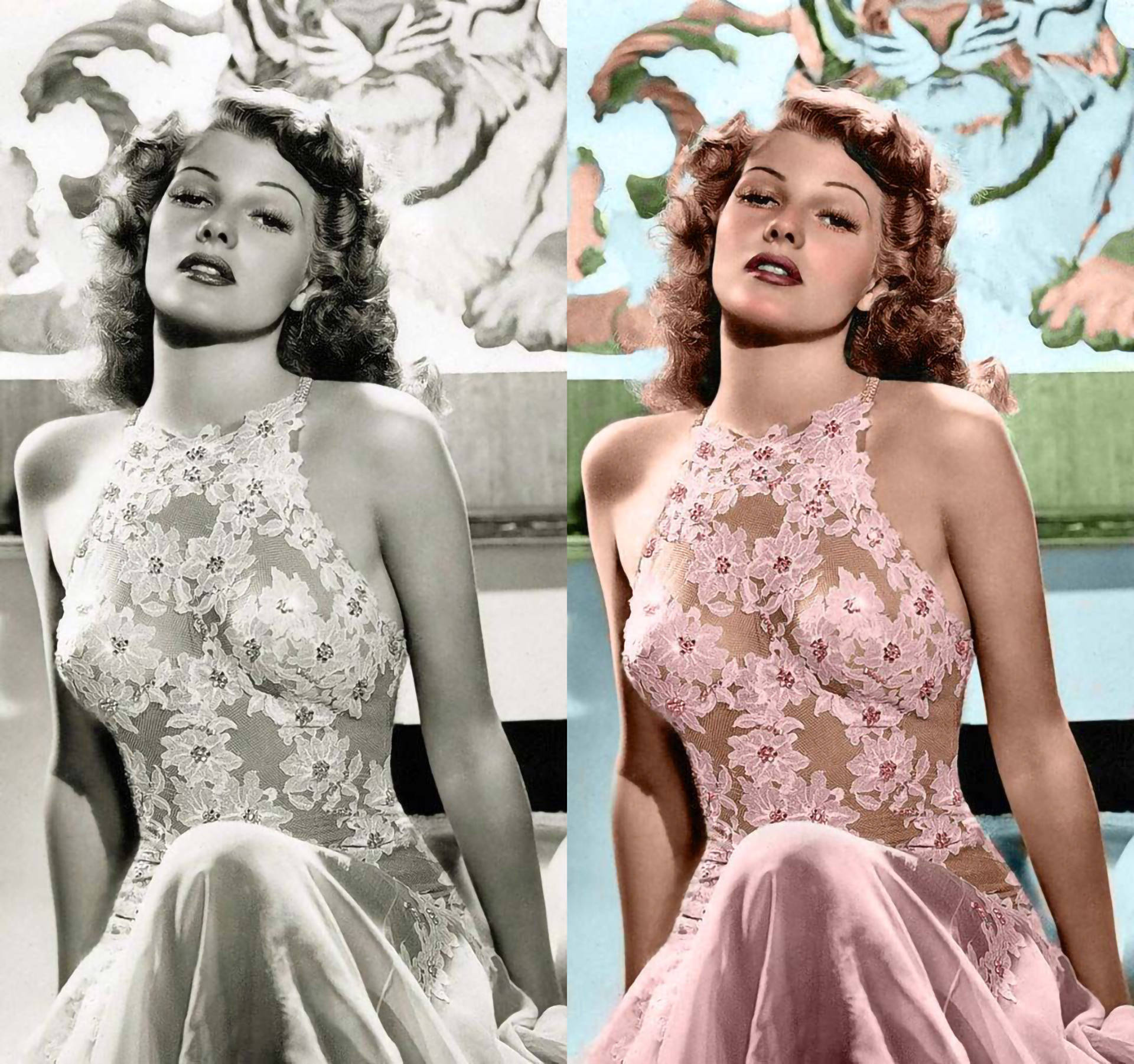 Rita Hayworth Gråtoner Og Farve Wallpaper