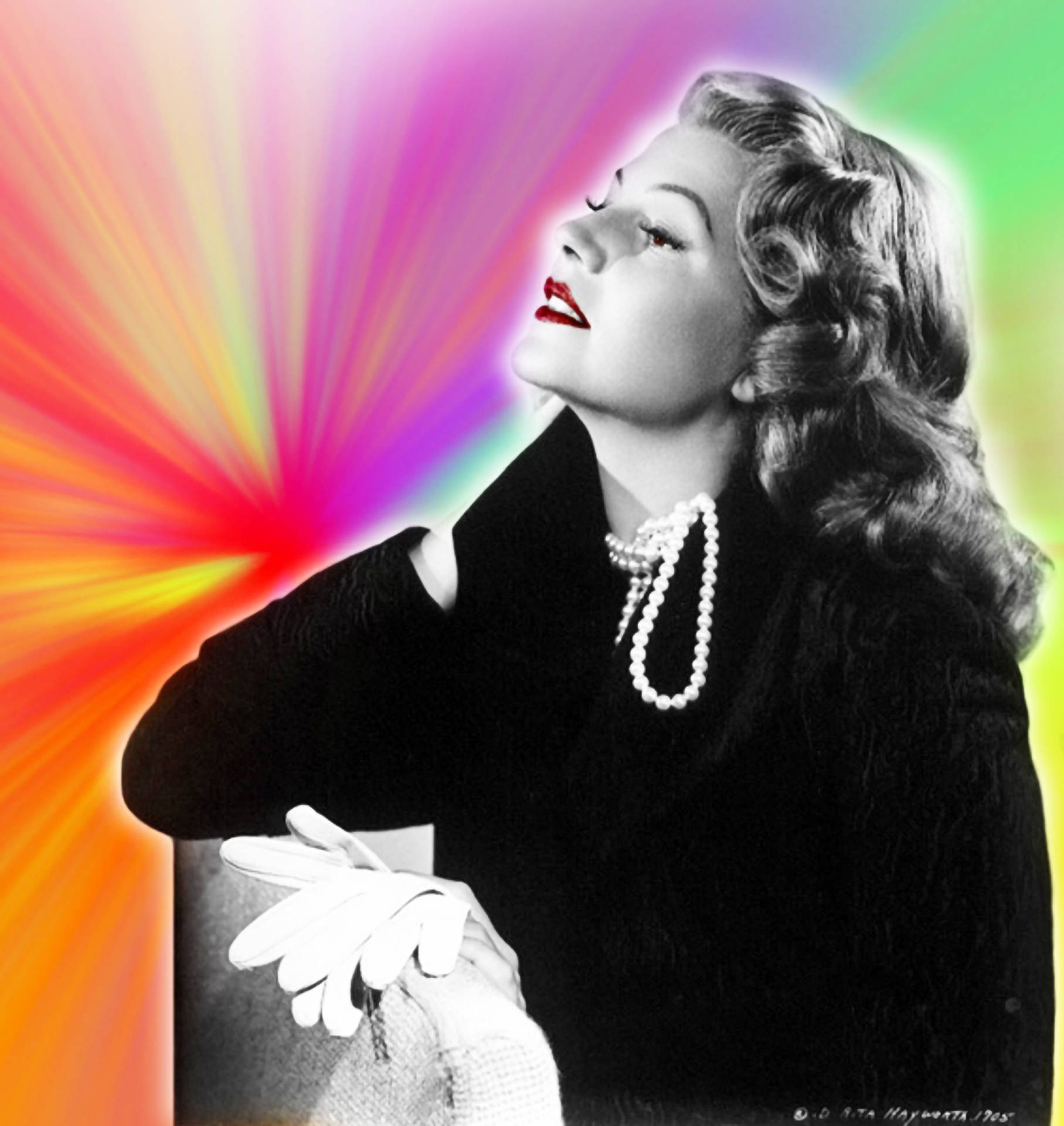 Fondode Pantalla Rita Hayworth Con Estallido De Colores Del Arco Iris. Fondo de pantalla