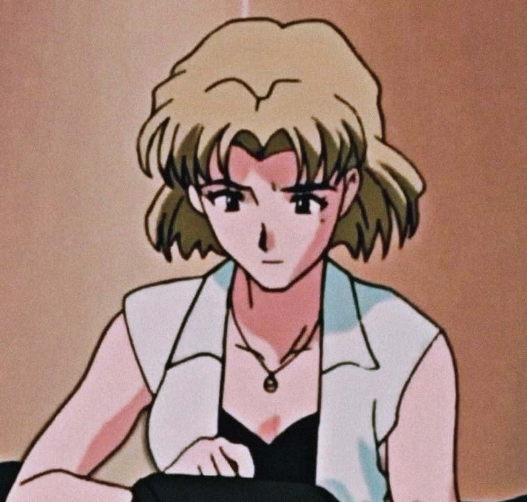 Ritsuko Akagi in deep thought while working on a computer console Wallpaper