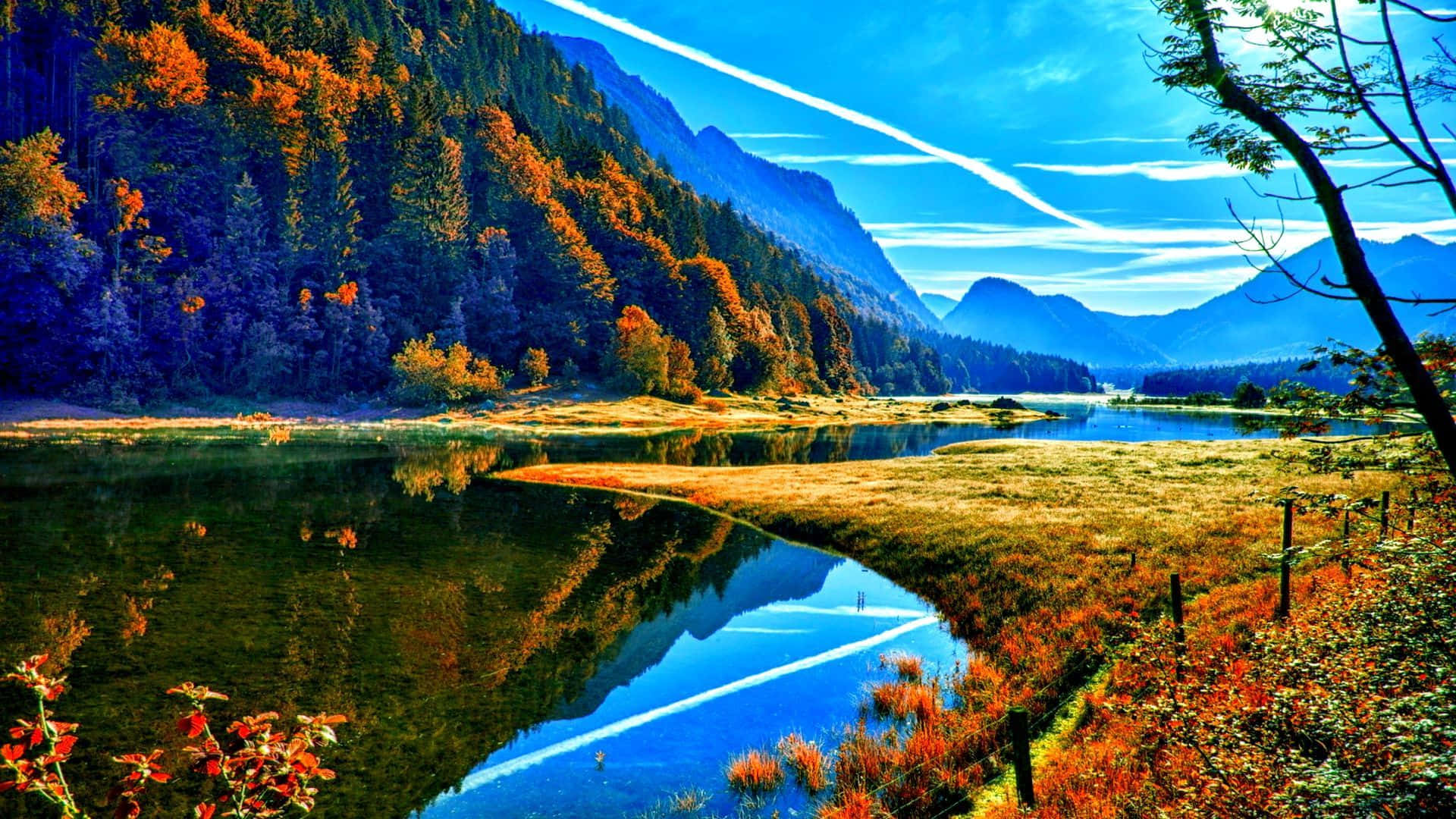 River Autumn Mountains Digital Art Wallpaper