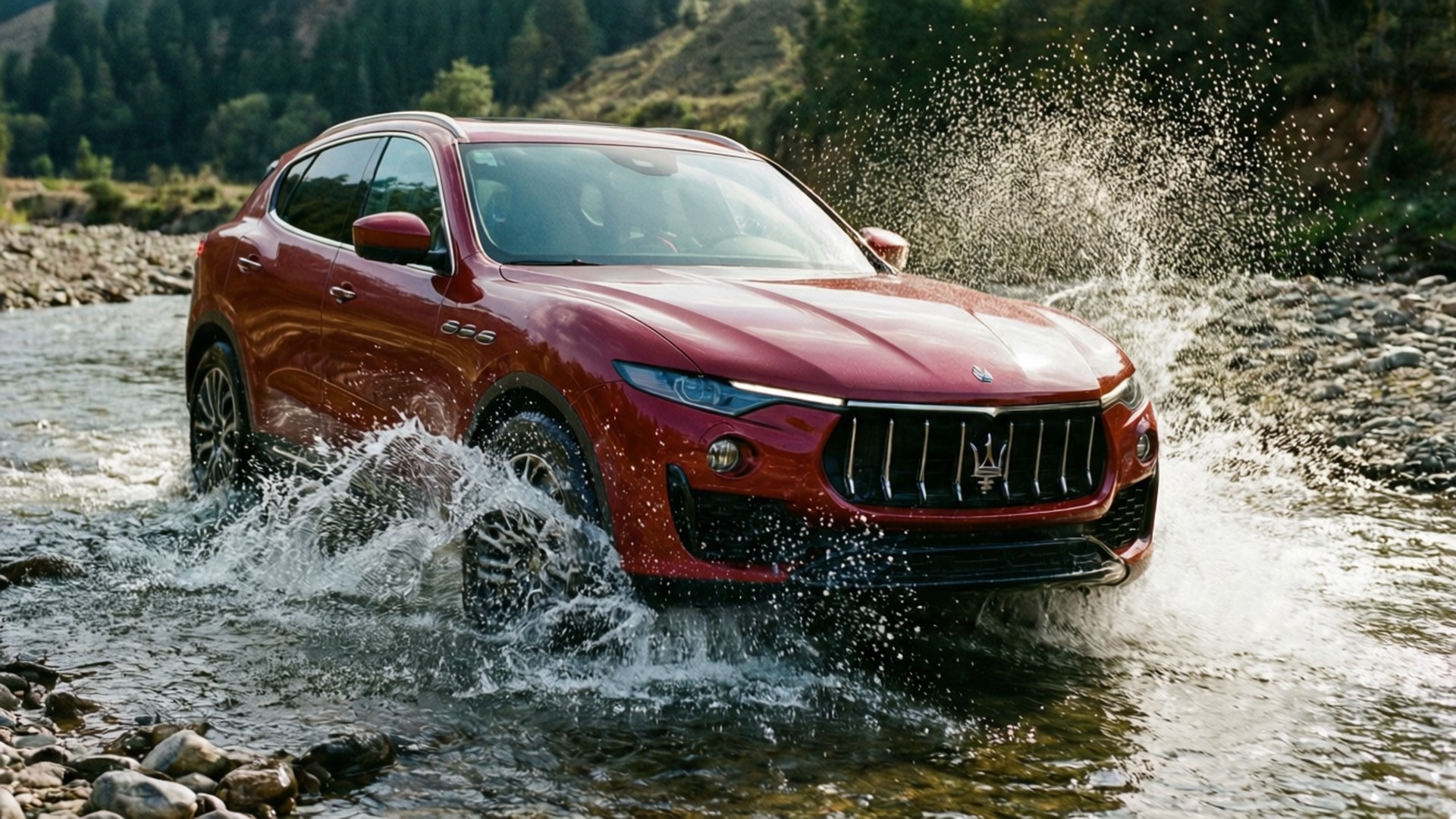 Maserati Levante che attraversa un fiume con acqua che schizza.