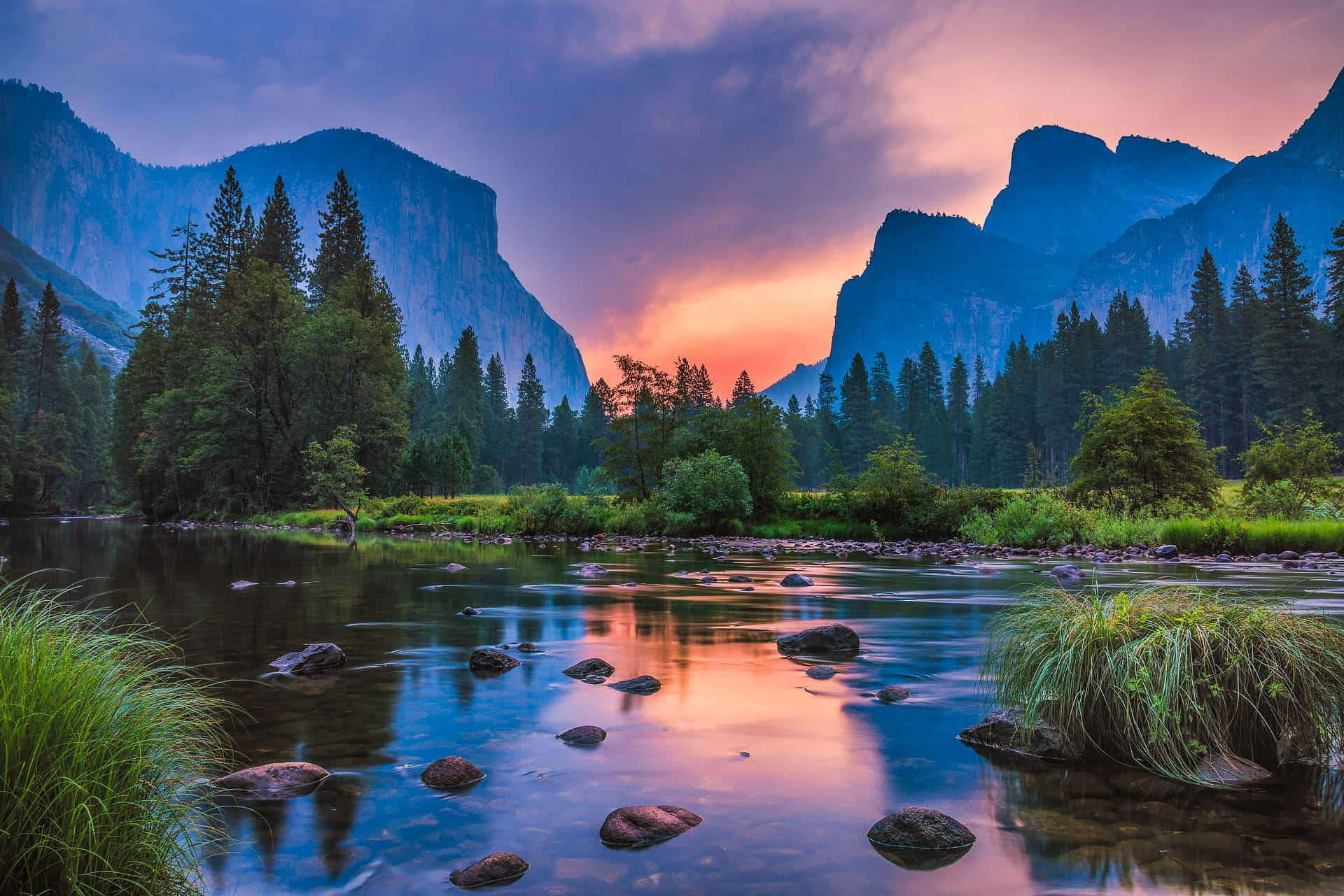 Download River Mountains Sunset Nature Photography Wallpaper