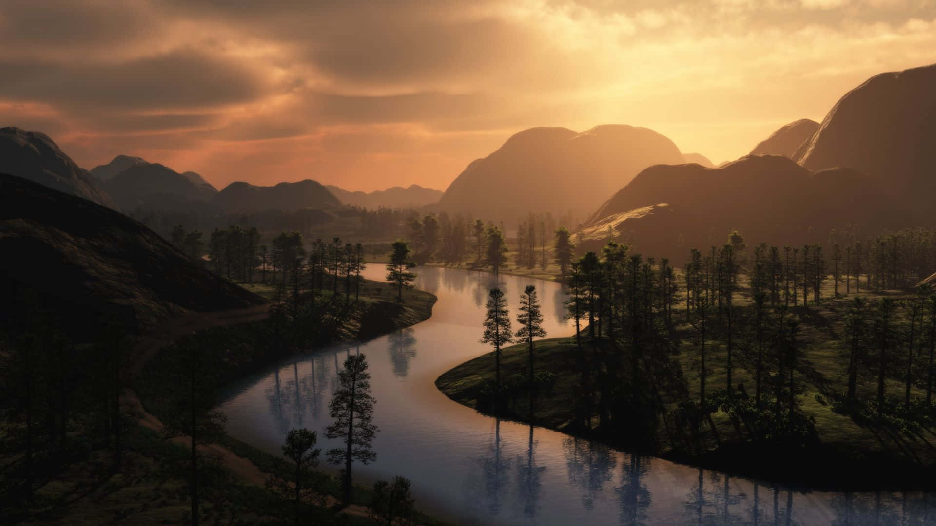 River Mountains Sunset View Landscape Wallpaper