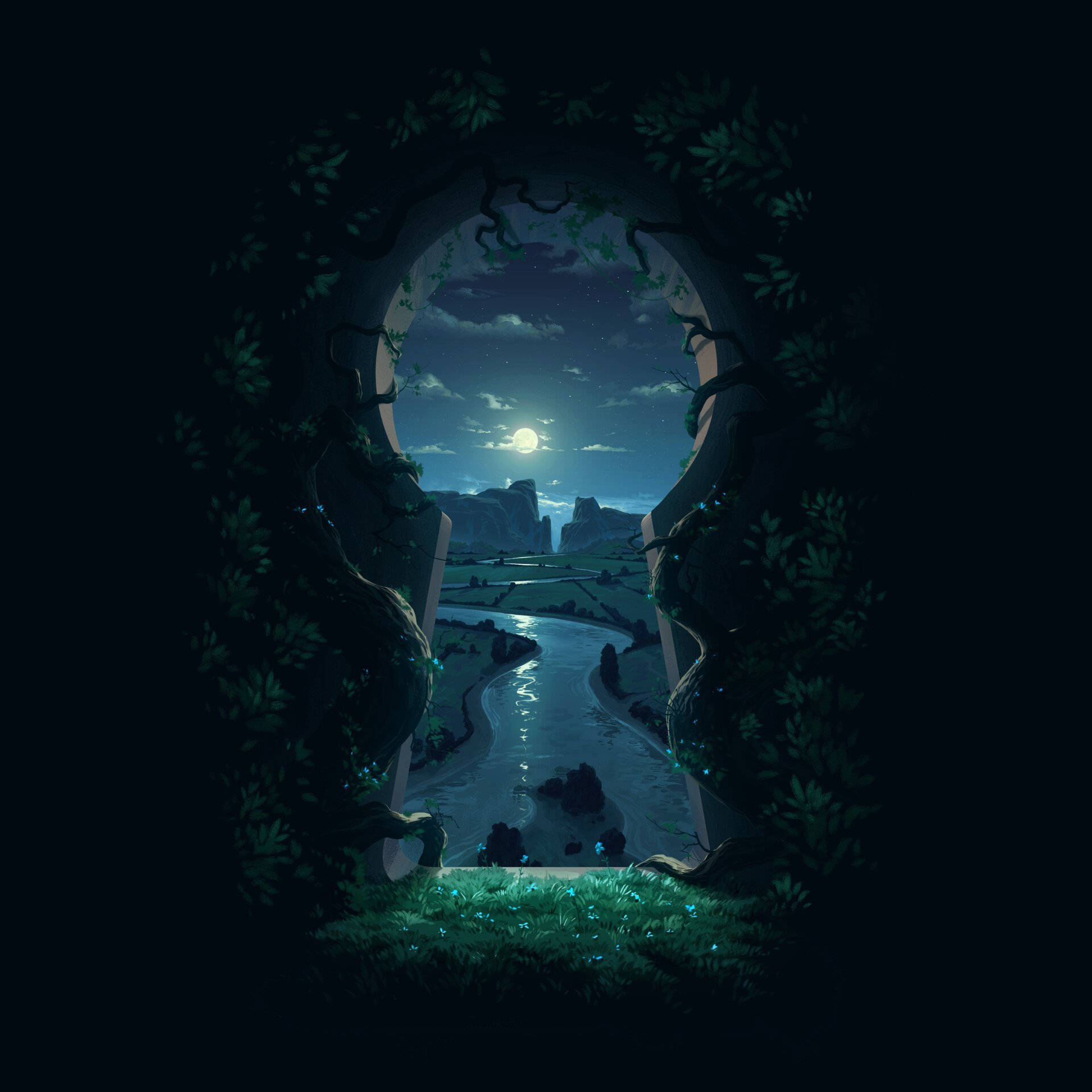 River Night Scenery Behind Key-Shaped Opening Wallpaper