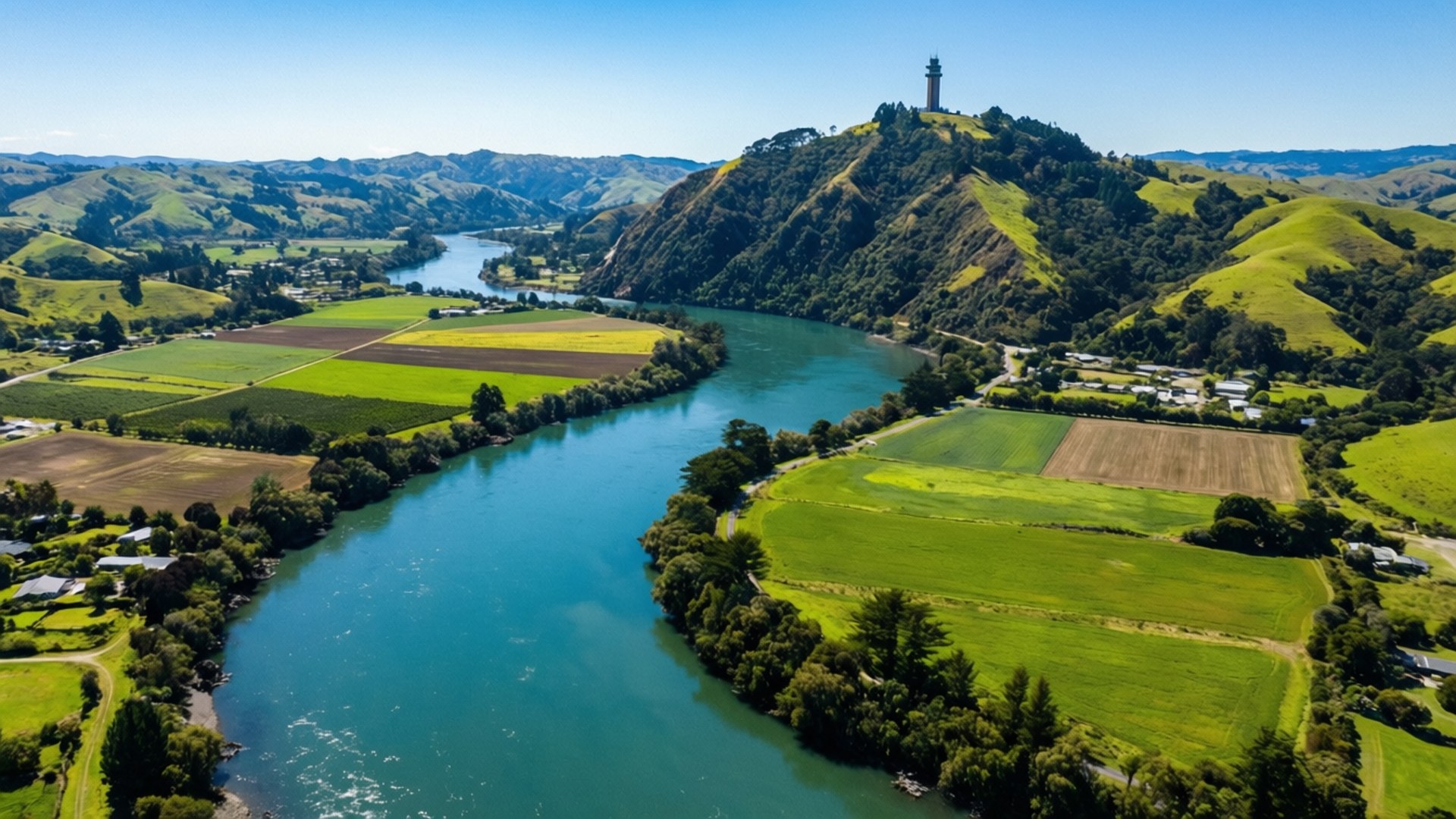 Luftfoto af Whanganui-floden og Durie Hill Tower