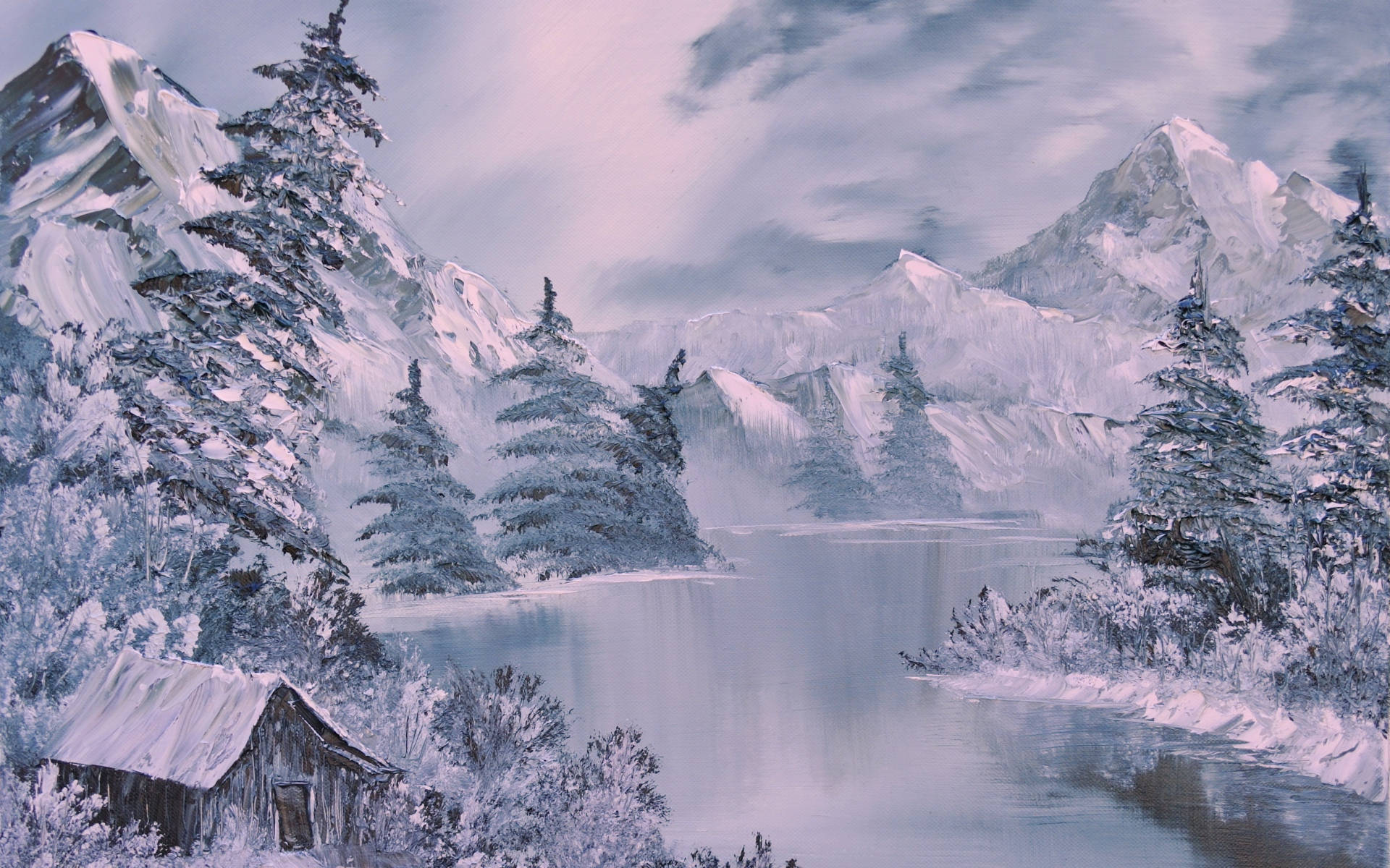 River Vinter Scenery Maleri Wallpaper