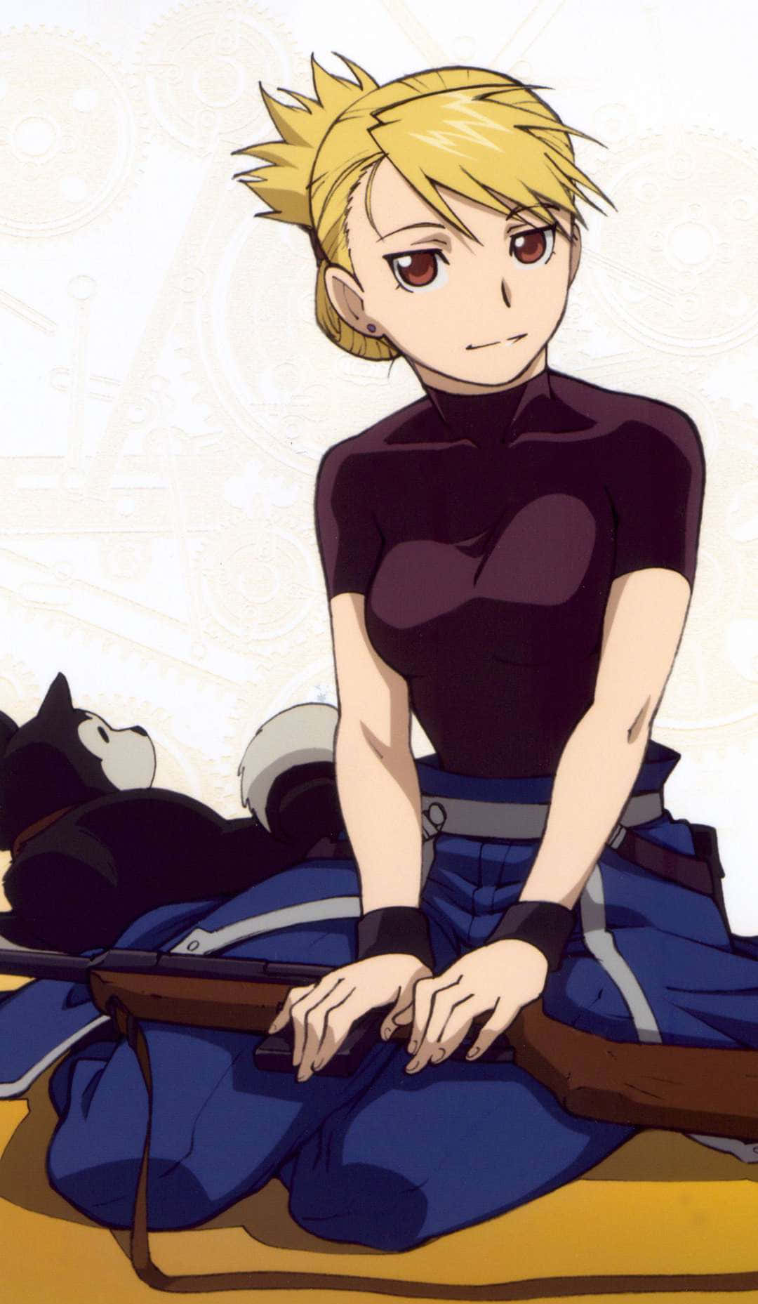 Caption: Riza Hawkeye: The Sharpshooter of Fullmetal Alchemist Wallpaper