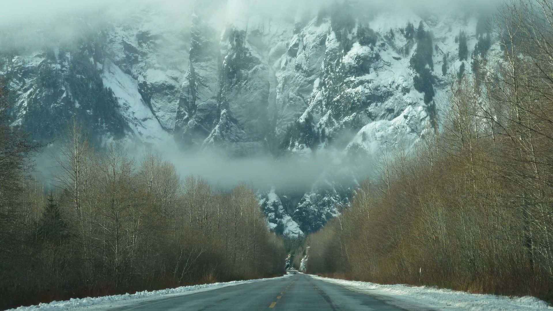 Berglandschaftmit Nebel Und Straße Im Winter Als Hintergrund