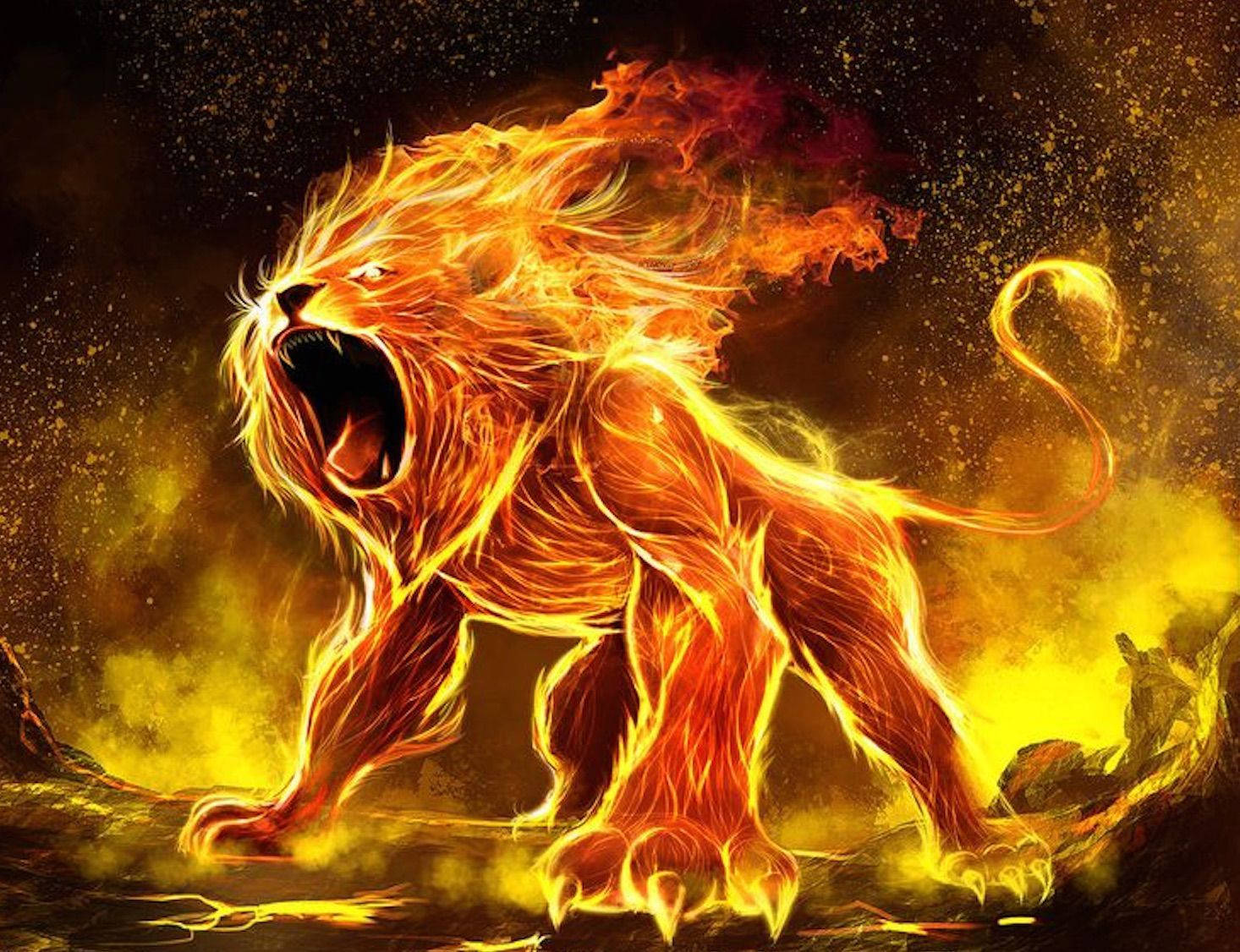 Roaring Fire Lion In Abstract Background Wallpaper