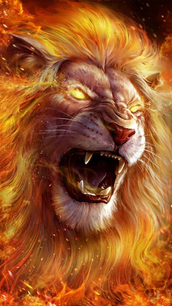 En løve med flammer på ansigtet, der kigger op Wallpaper