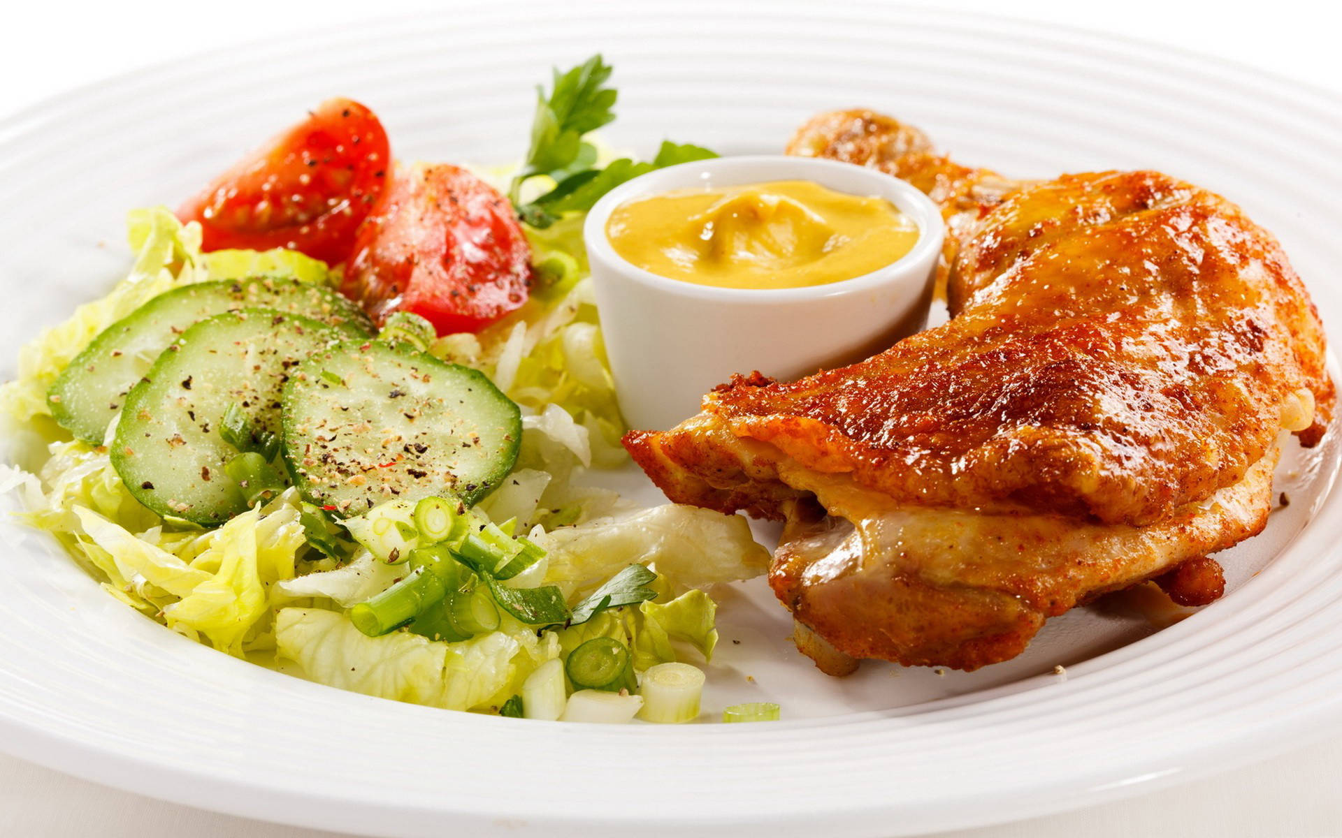 Roasted Chicken Leg With Veggie Sides Lunch Wallpaper