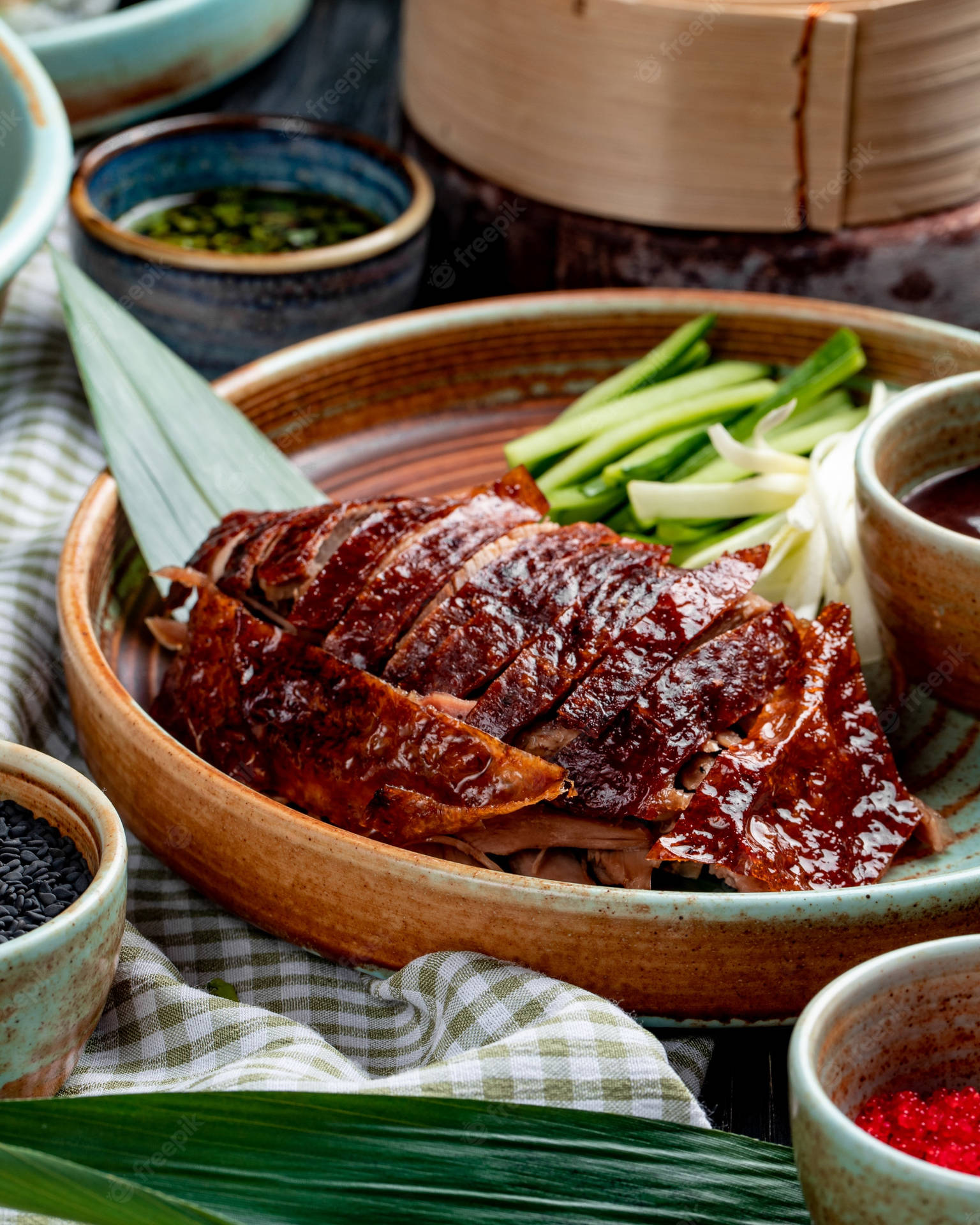 Roasted Peking Duck On Curved Wooden Plate Wallpaper