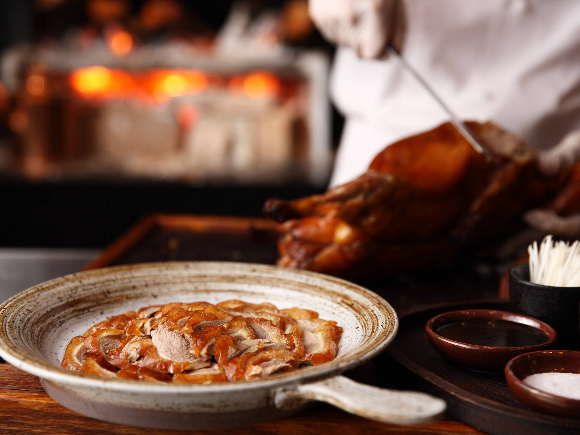 Roasted Peking Duck Slices On Decorated Pan Wallpaper