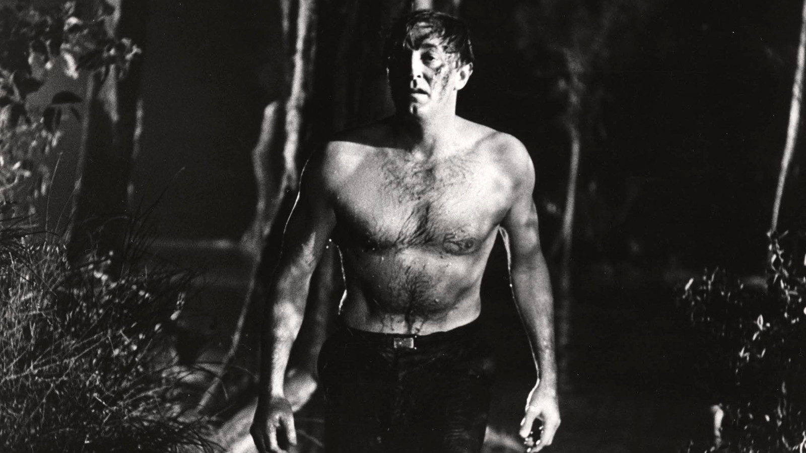 Robert Mitchum Black And White Shirtless In Forest Wallpaper