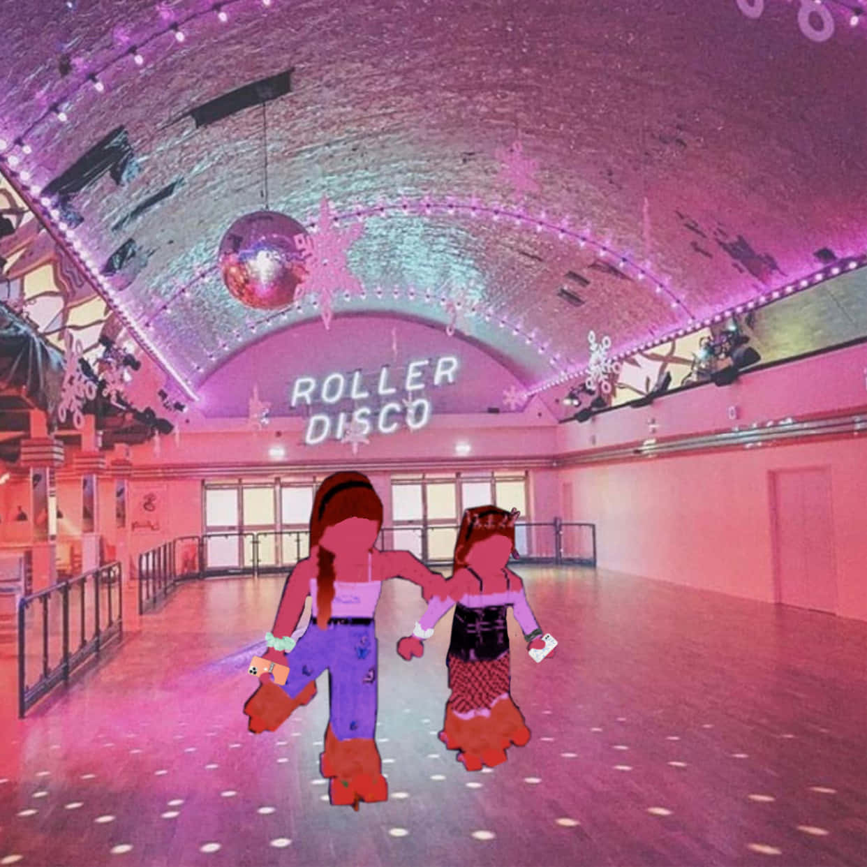 Two Girls Standing In A Room With A Pink Ceiling