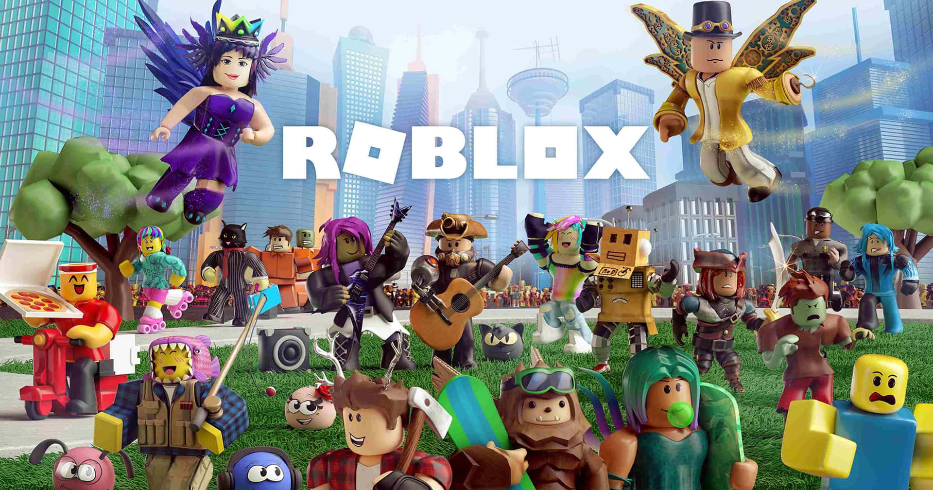 Roblox Characters Cityscape Backdrop Wallpaper