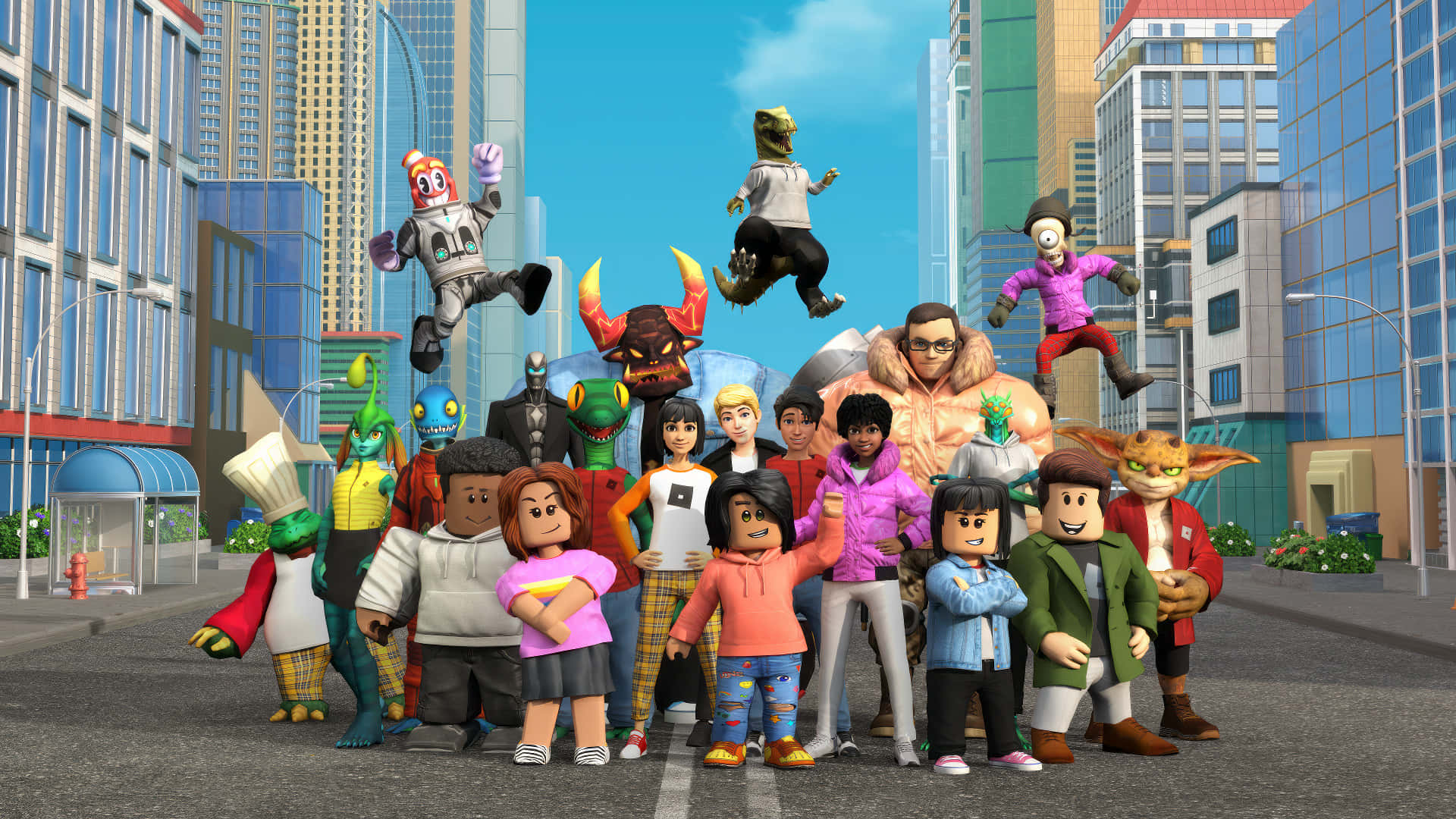 Roblox Personages Verzameling Stadsgezicht Achtergrond