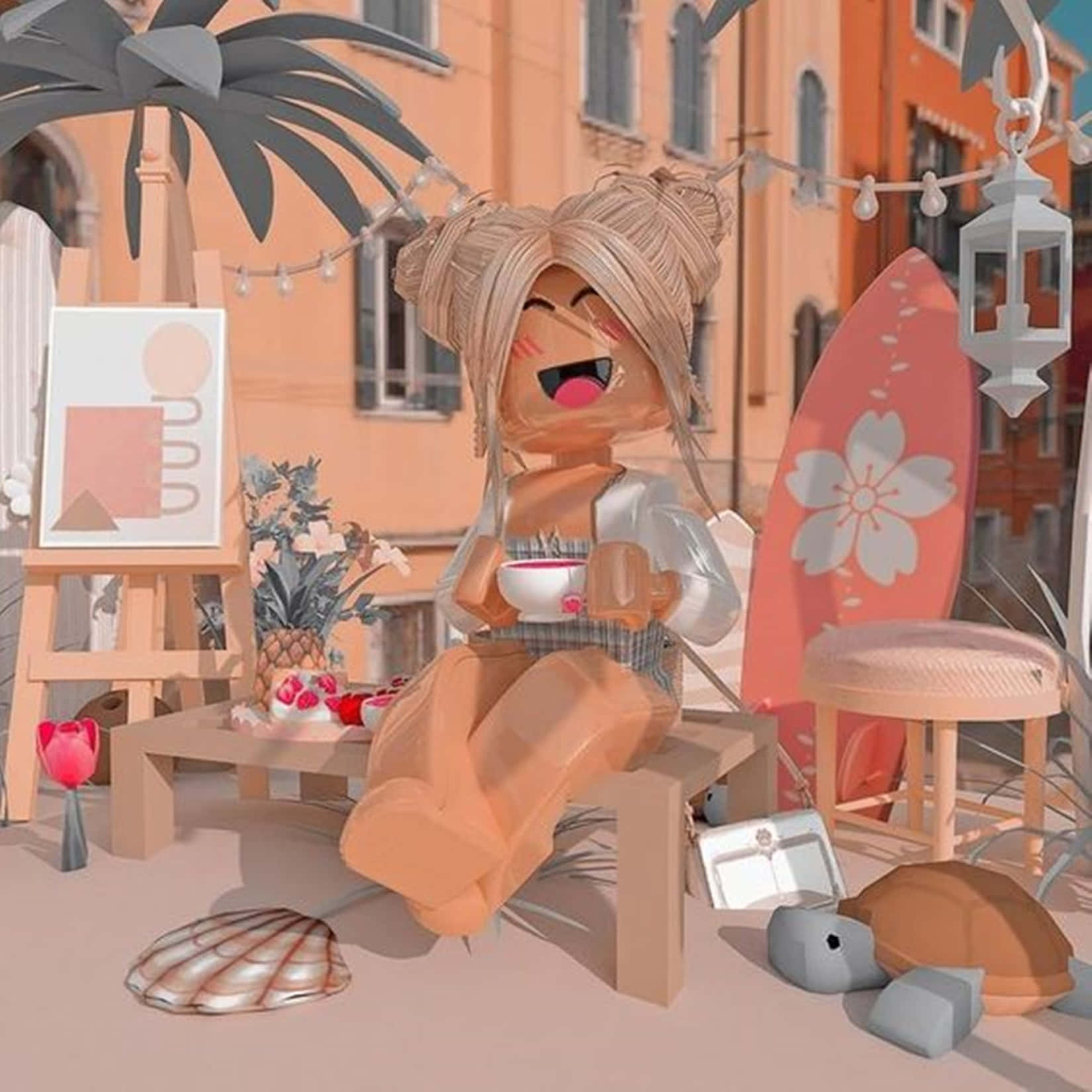 Unmodelo 3d De Una Chica Sentada En Un Banco Fondo de pantalla