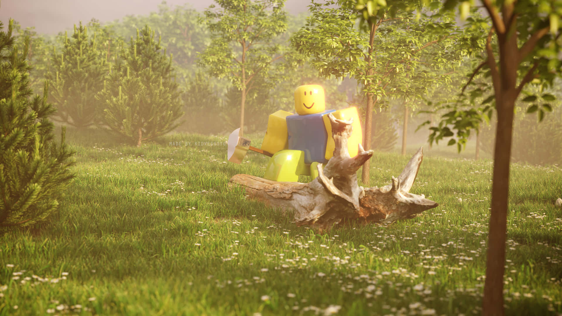 En Lego-mand står i et felt med træer. Wallpaper