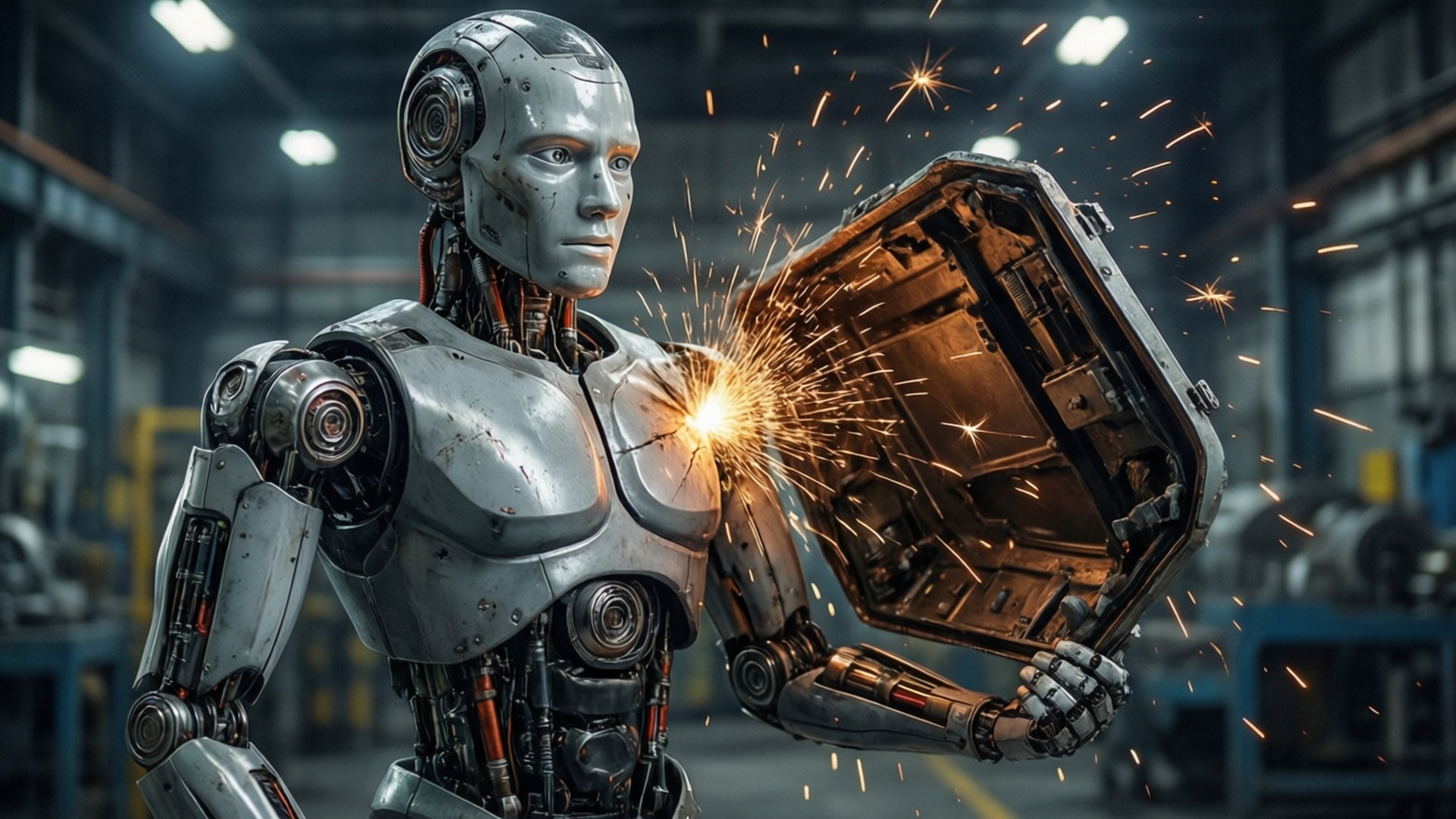 Sci-fi-robot med ryggfeil, gnister, industrielt miljø.