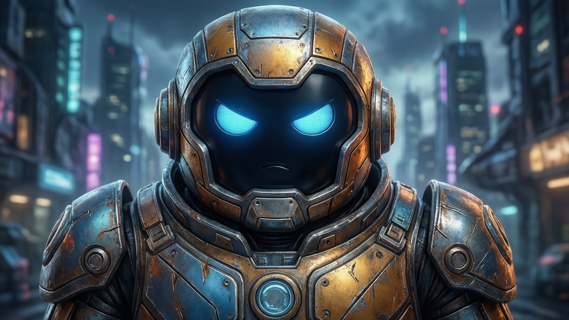 A robot with glowing blue eyes in a neon-lit futuristic city at night
