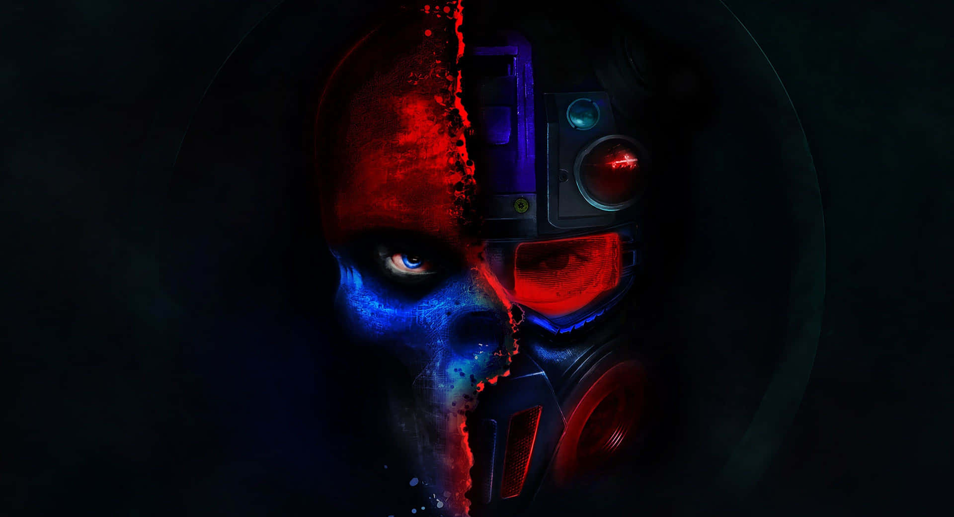 A Skull With Red And Blue Eyes And A Red And Blue Face