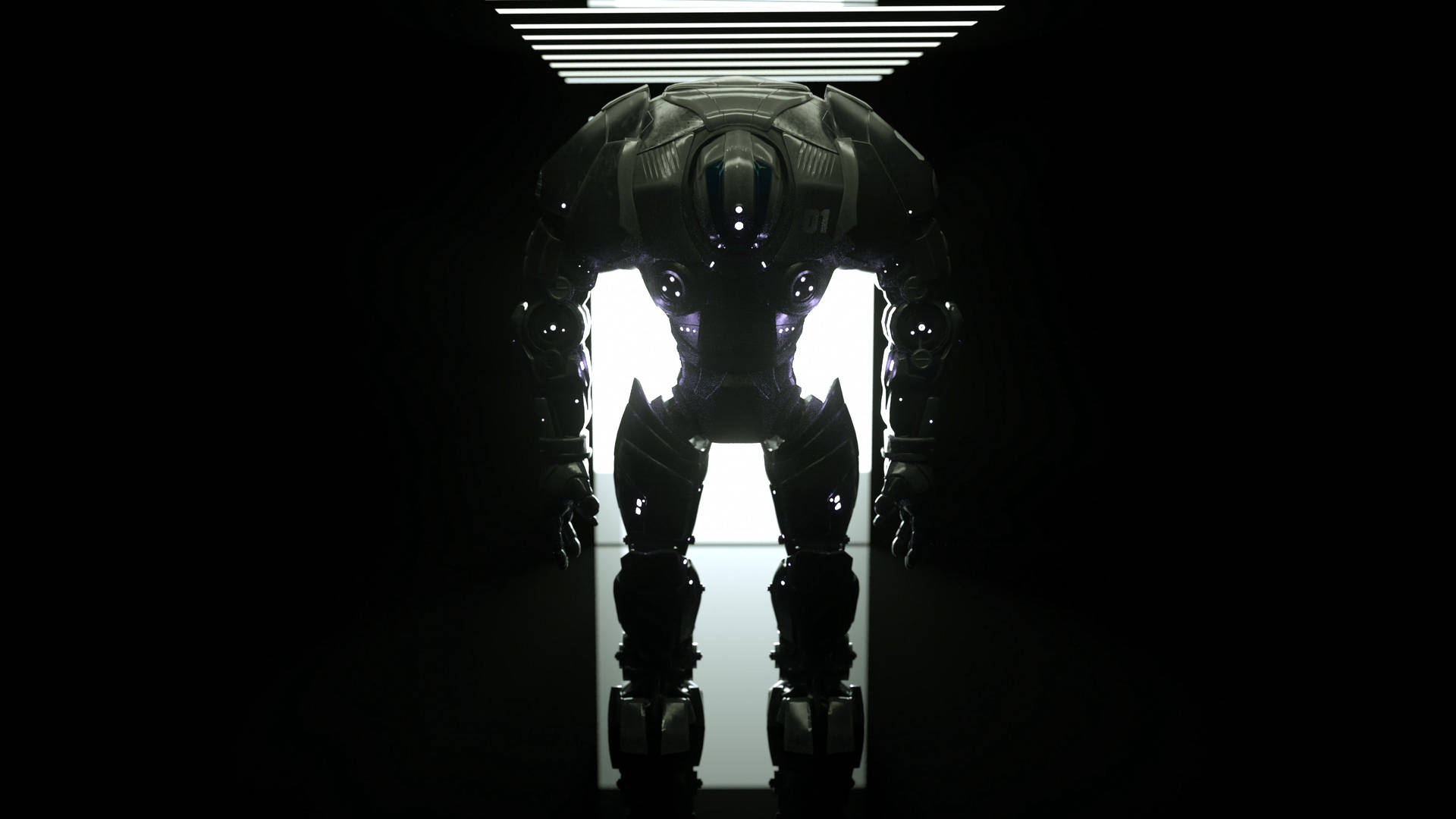 An advanced robot stands in the corner of a modern technology equipped room Wallpaper