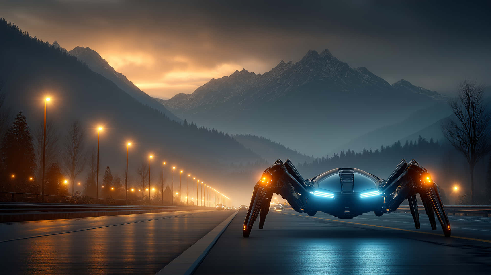 Robotic Spider Vehicle On Highway With Mountain Backdrop Wallpaper