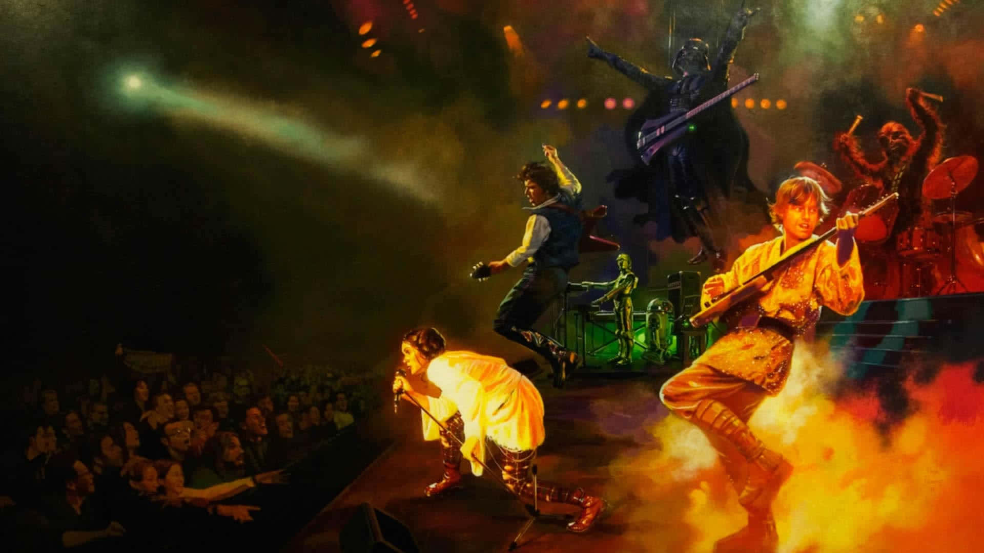 A Painting Of A Band On Stage With Smoke