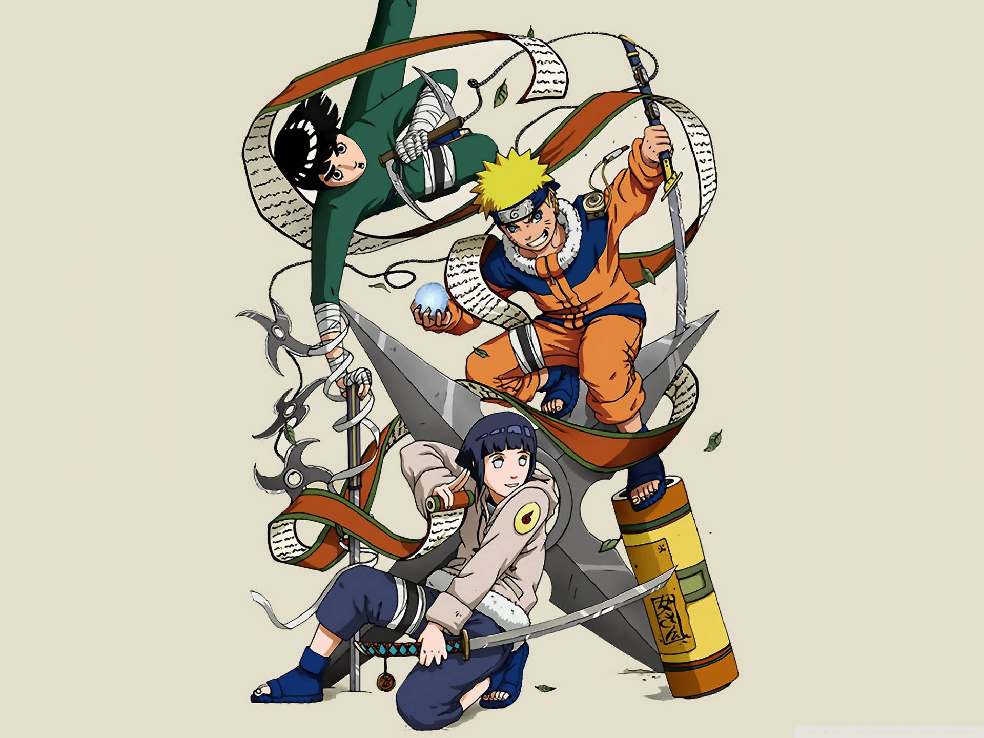 Rocklee, Naruto Och Hinata. Wallpaper