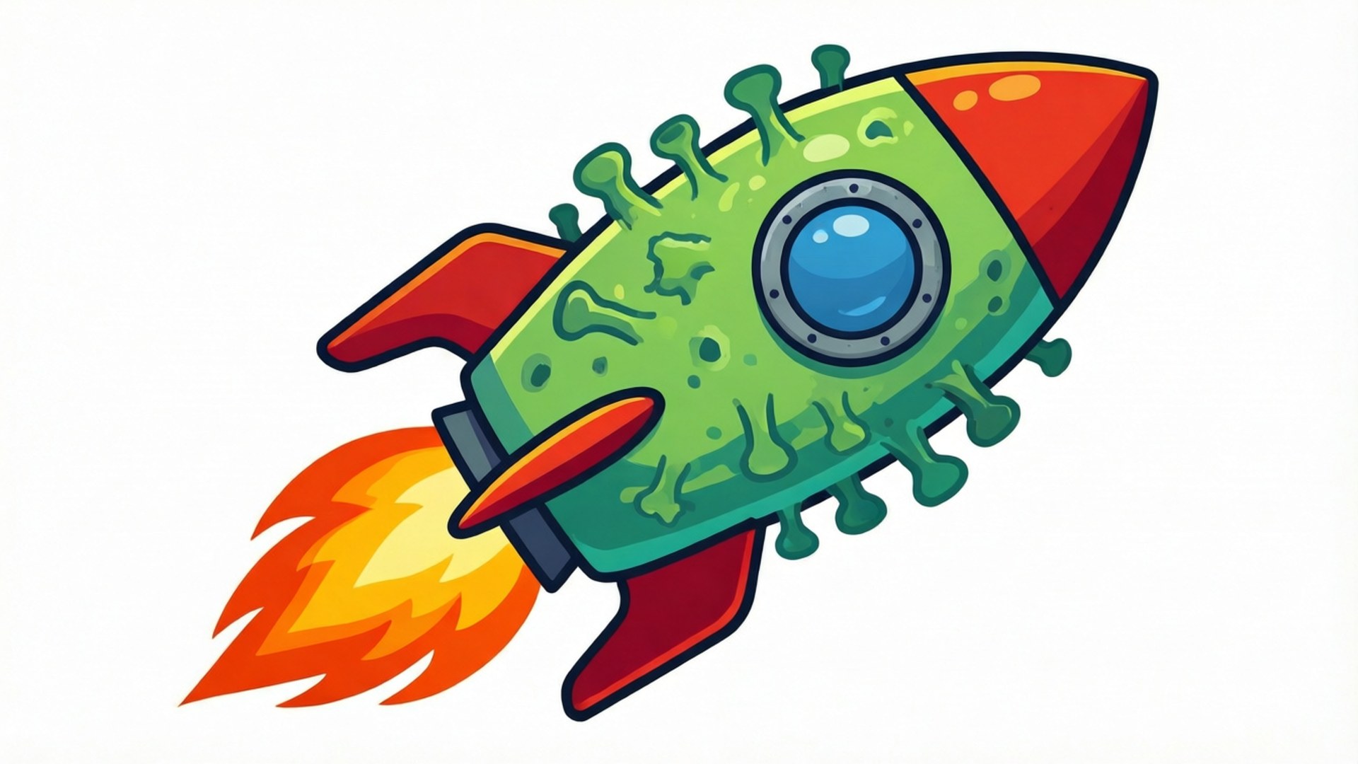 A cute germ rocket flying through space in flat vector SVG style.