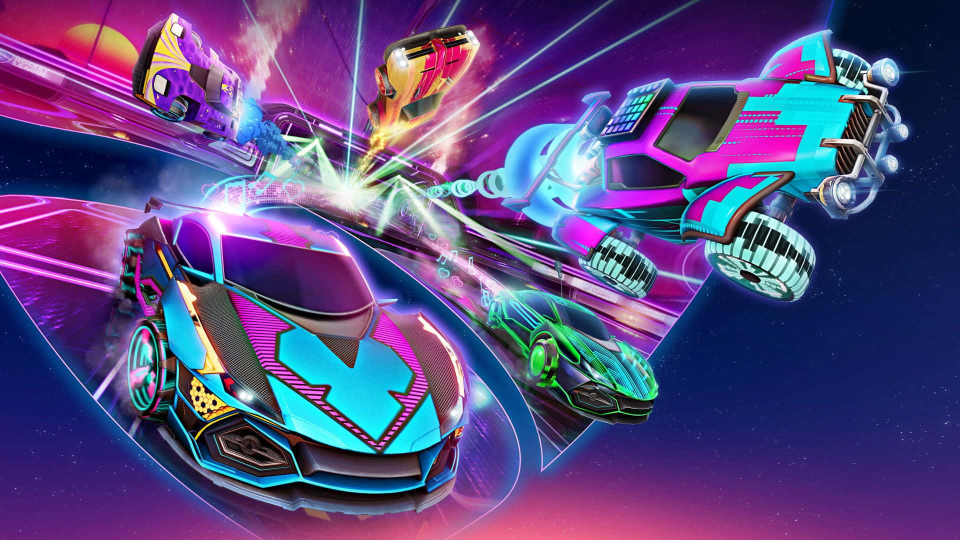 A Colorful Image Of A Racing Game With Cars Flying Around Wallpaper