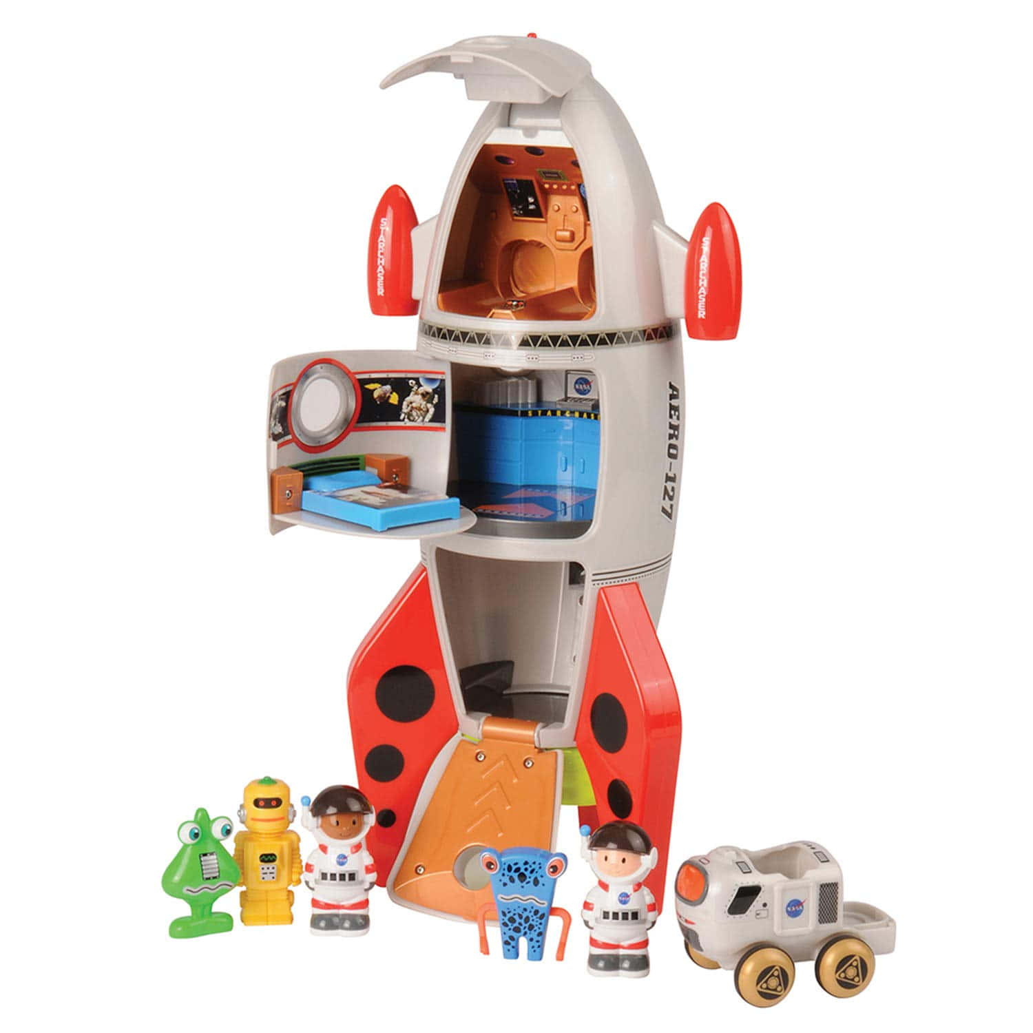 A Toy Rocket Ship With Toys And A Car