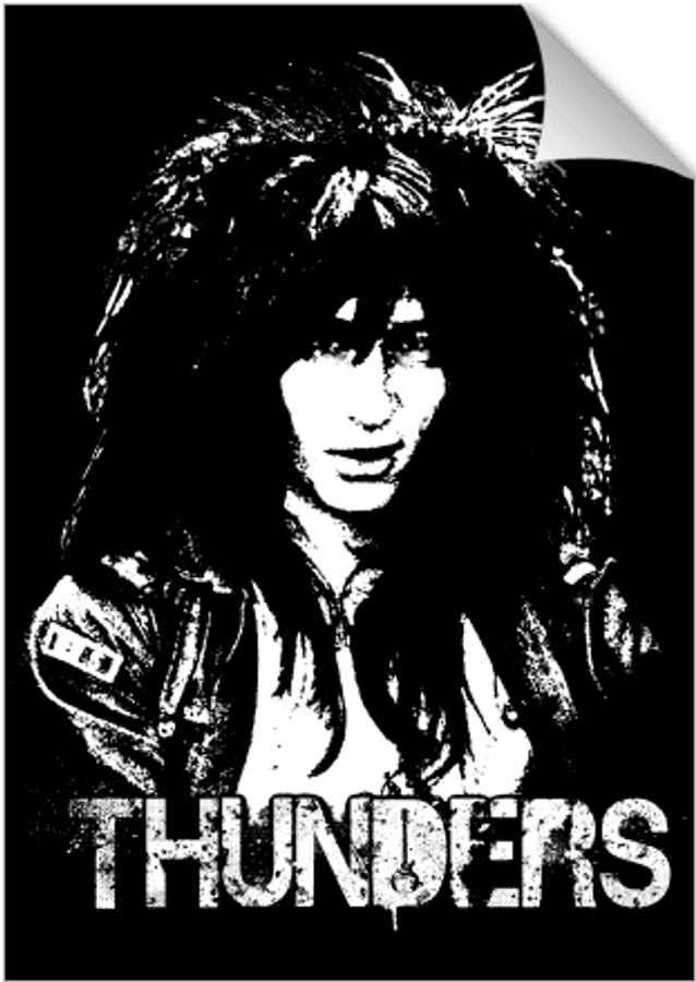 Rockstar Thunders Graphic PNG — A high-contrast black and white portrait of a person with long hair wearing a jacket with the word THUNDERS below.